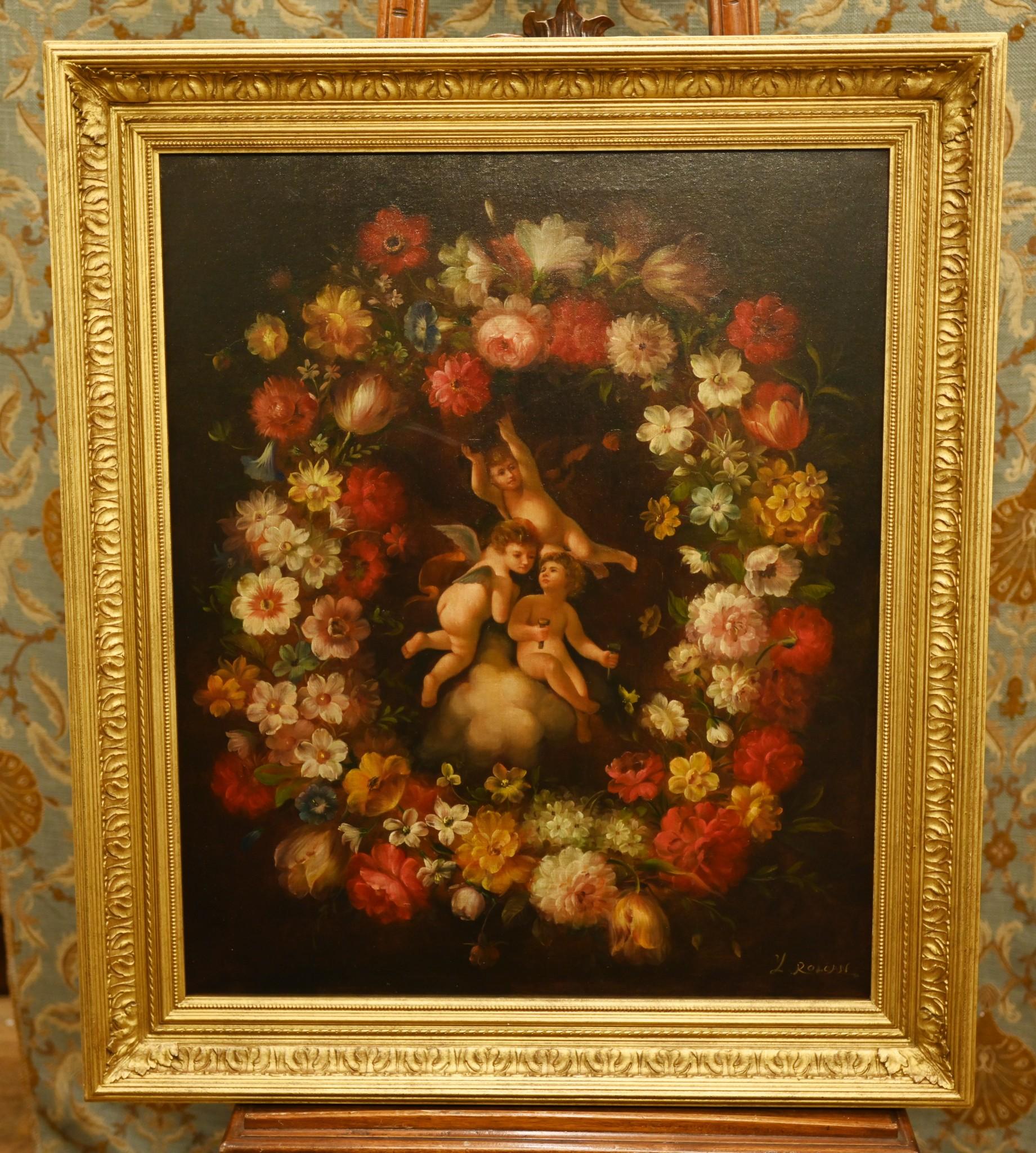 Gorgeous Regency style oil painting of a trio of cute cherubs
The cherubs are surrounded by the vivid and bright floral garland
Such a beautiful work of art this will add light and energy to any room
Piece is signed L Rolan in the bottom right