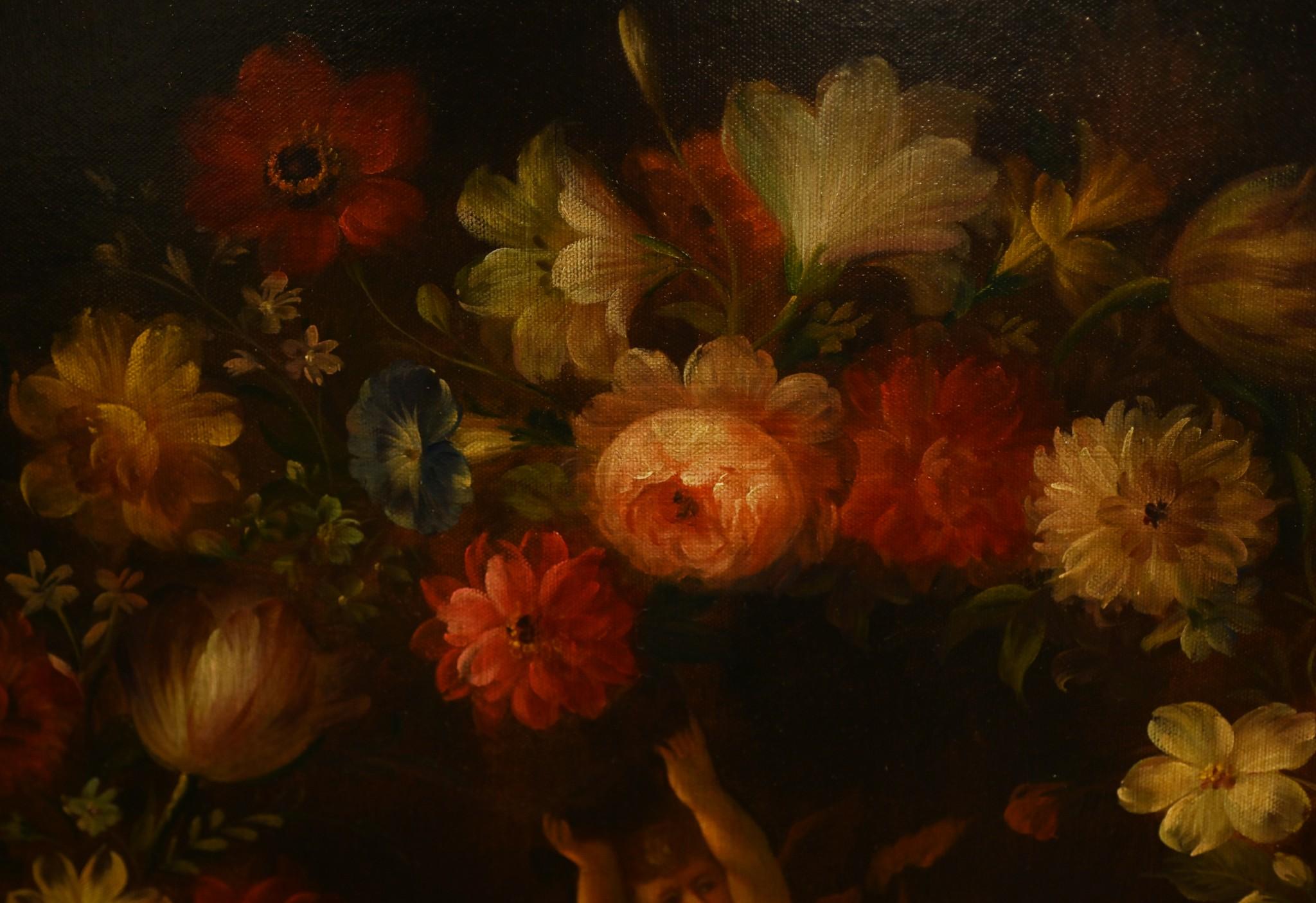Regency Oil Painting Cherub Floral Potrait Putti Trio Signed For Sale 3