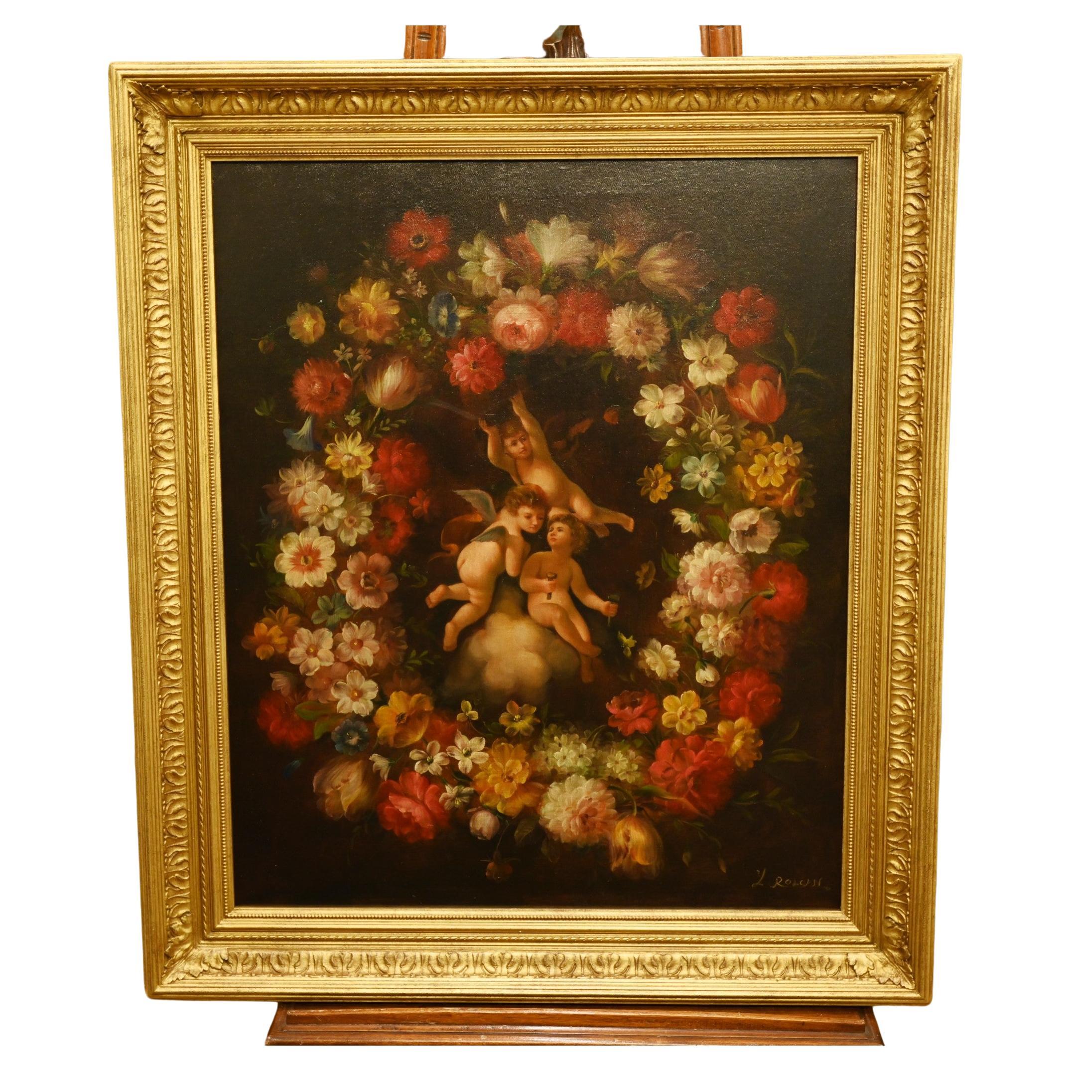 Regency Oil Painting Cherub Floral Potrait Putti Trio Signed