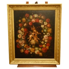Pittura a olio Regency Cherubino Ritratto floreale Putti Trio Firmato