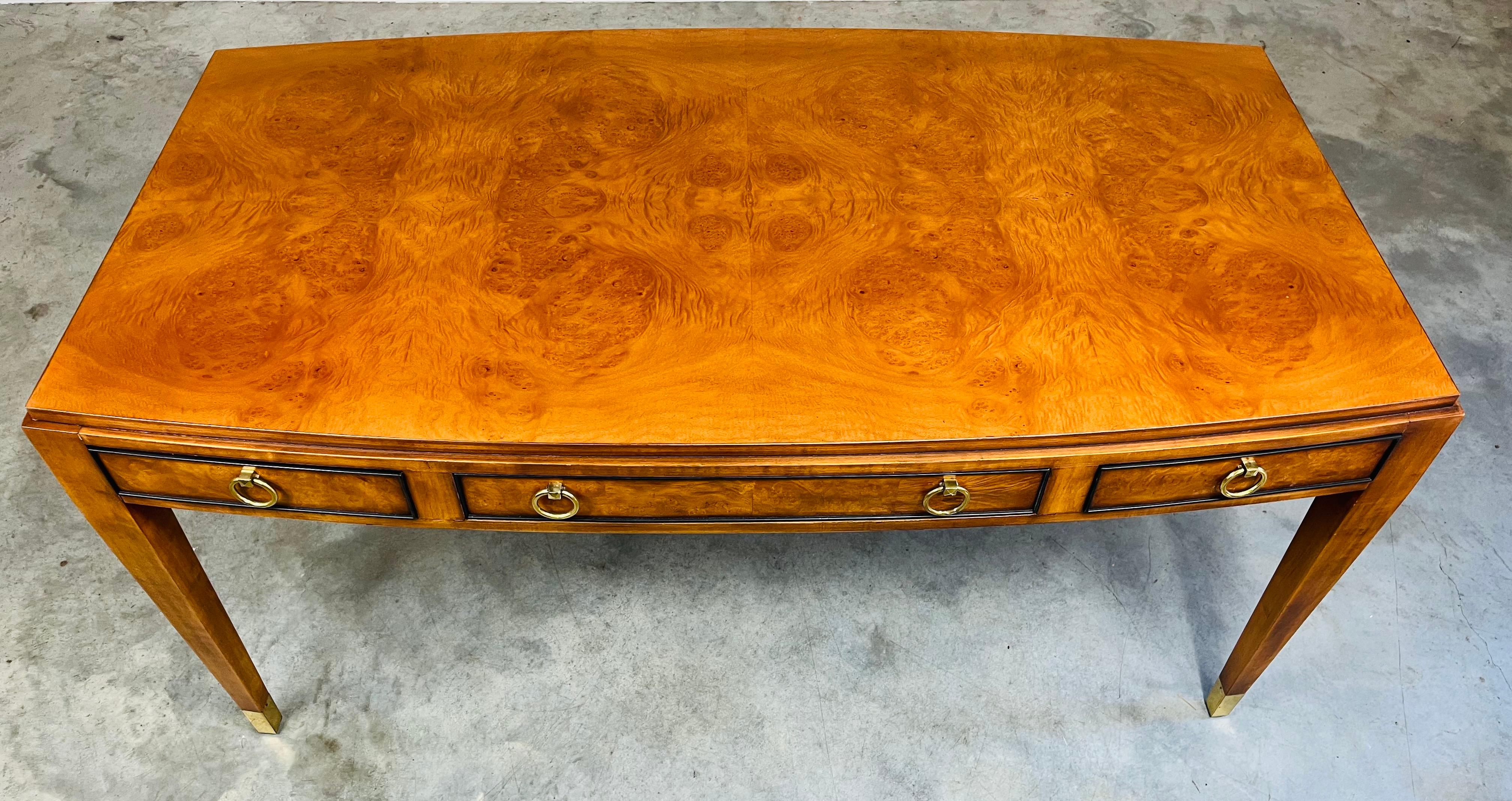 20th Century Regency Olive Burlwood & Brass Executive Desk By E.J. Victor