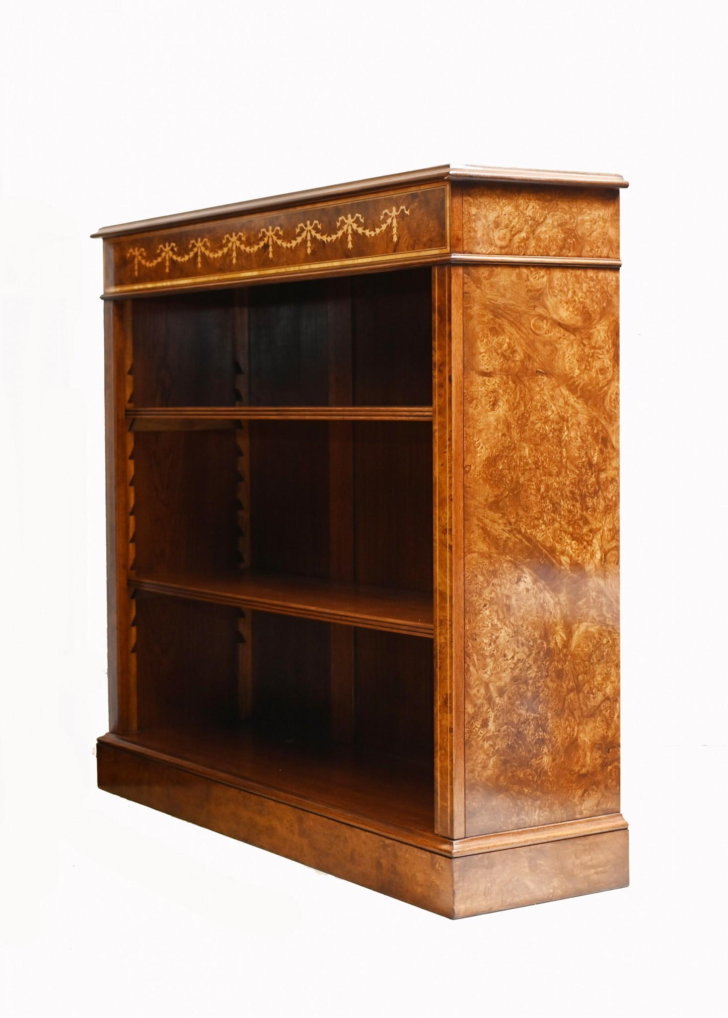 Regency Open Bookcase Walnut Sheraton Inlay For Sale 6