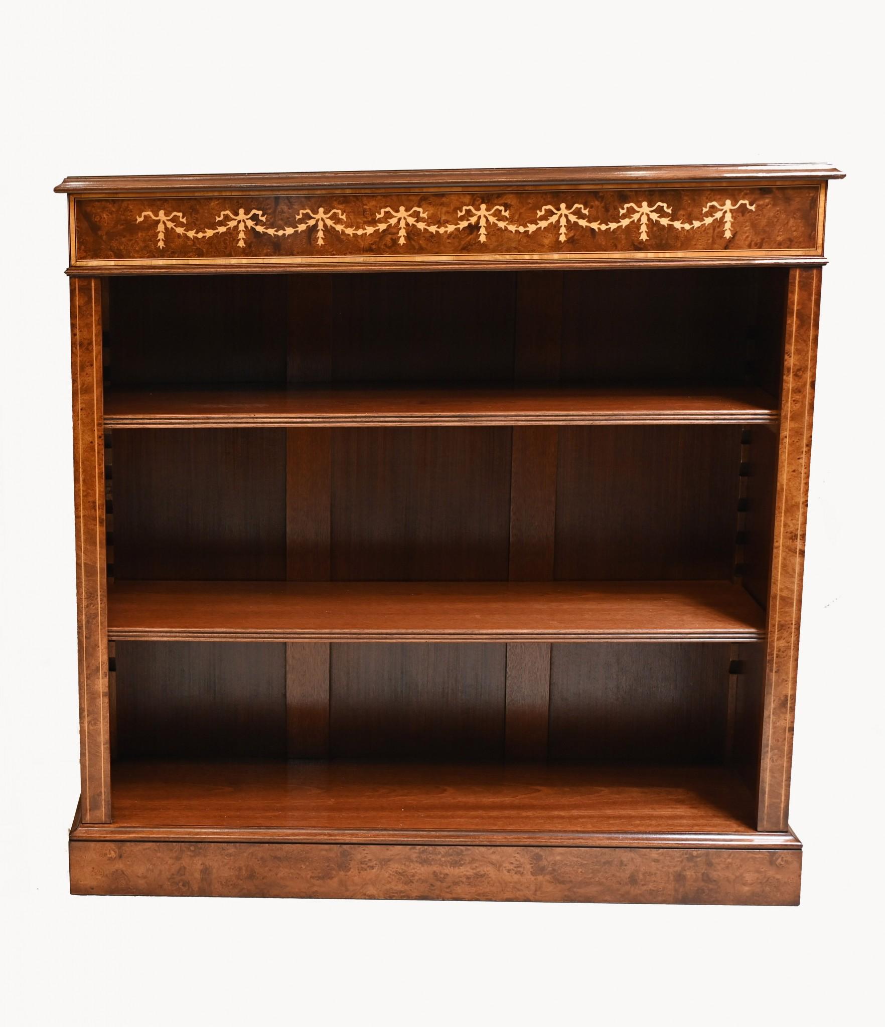 Gorgeous single English Sheraton style low openfront bookcases hand crafted from walnut
Hand crafted in England to centuries old traditions - will last for many generations
Great investment - and family heirloom
Intricate inlay work to the top