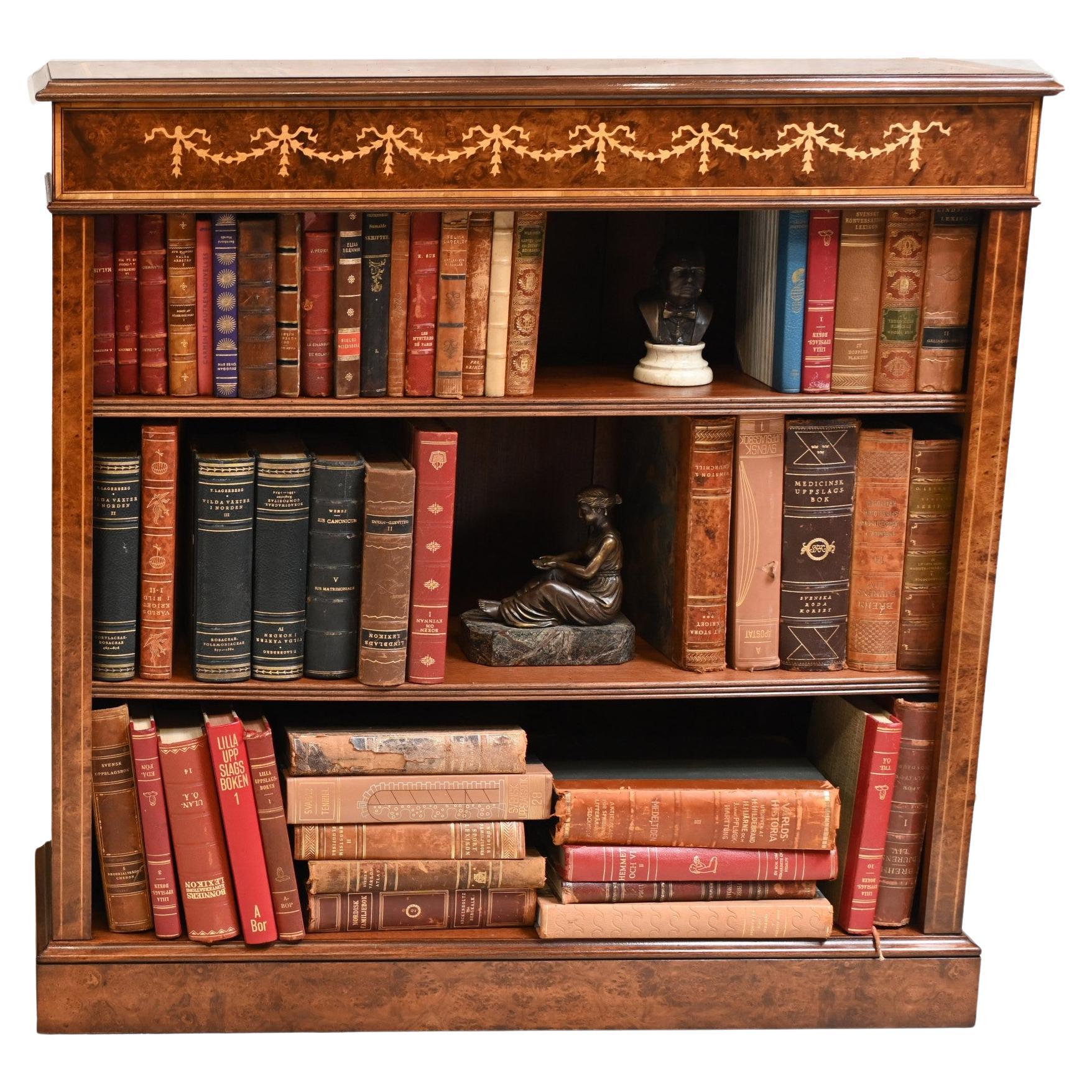 Regency Open Bookcase Walnut Sheraton Inlay For Sale