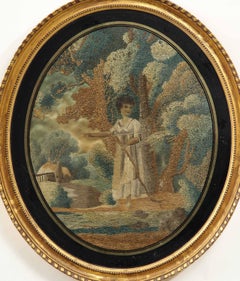 Regency Oval Silk Embroidery of a Shepherdess