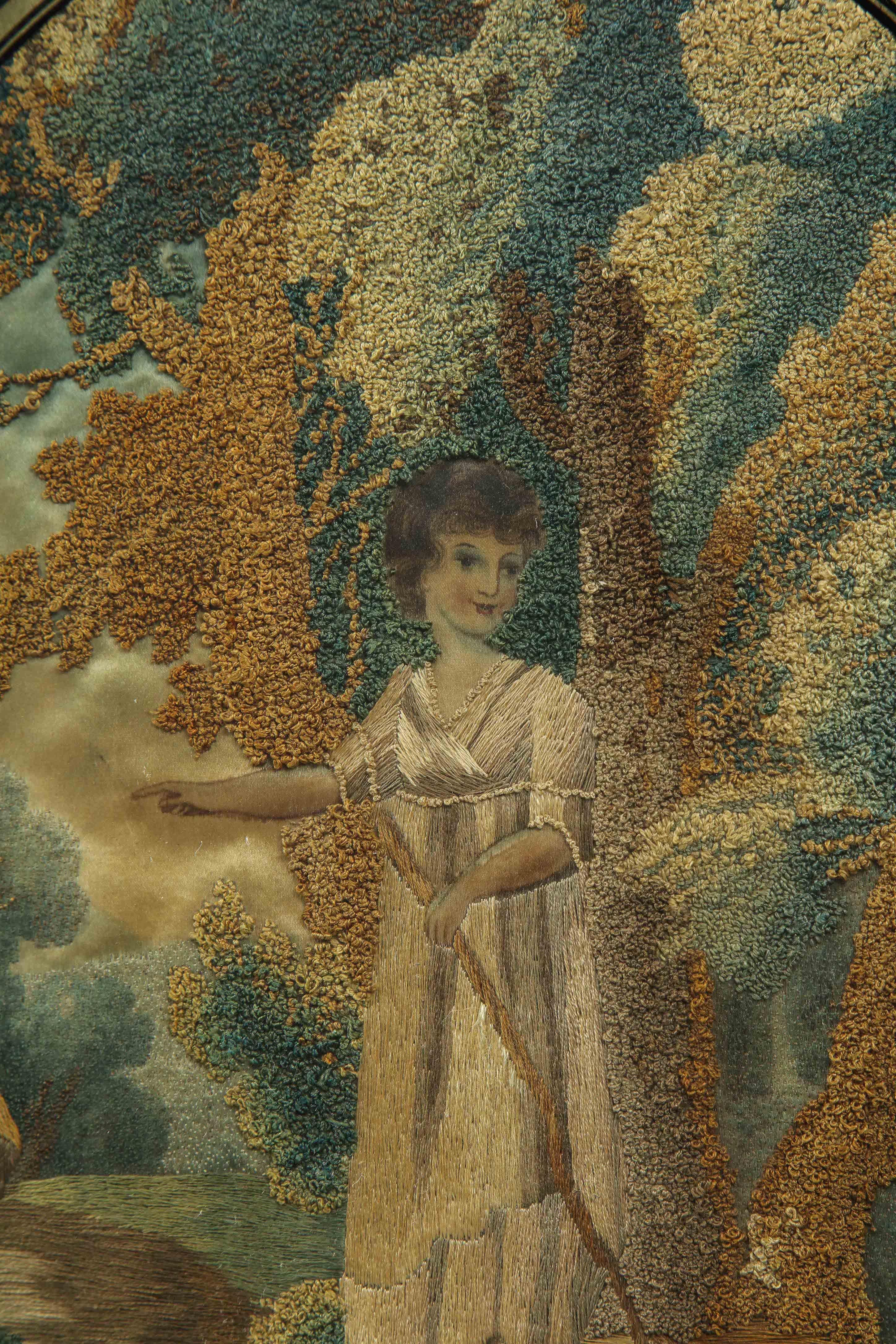 English Regency Oval Silk Embroidery of a Shepherdess For Sale