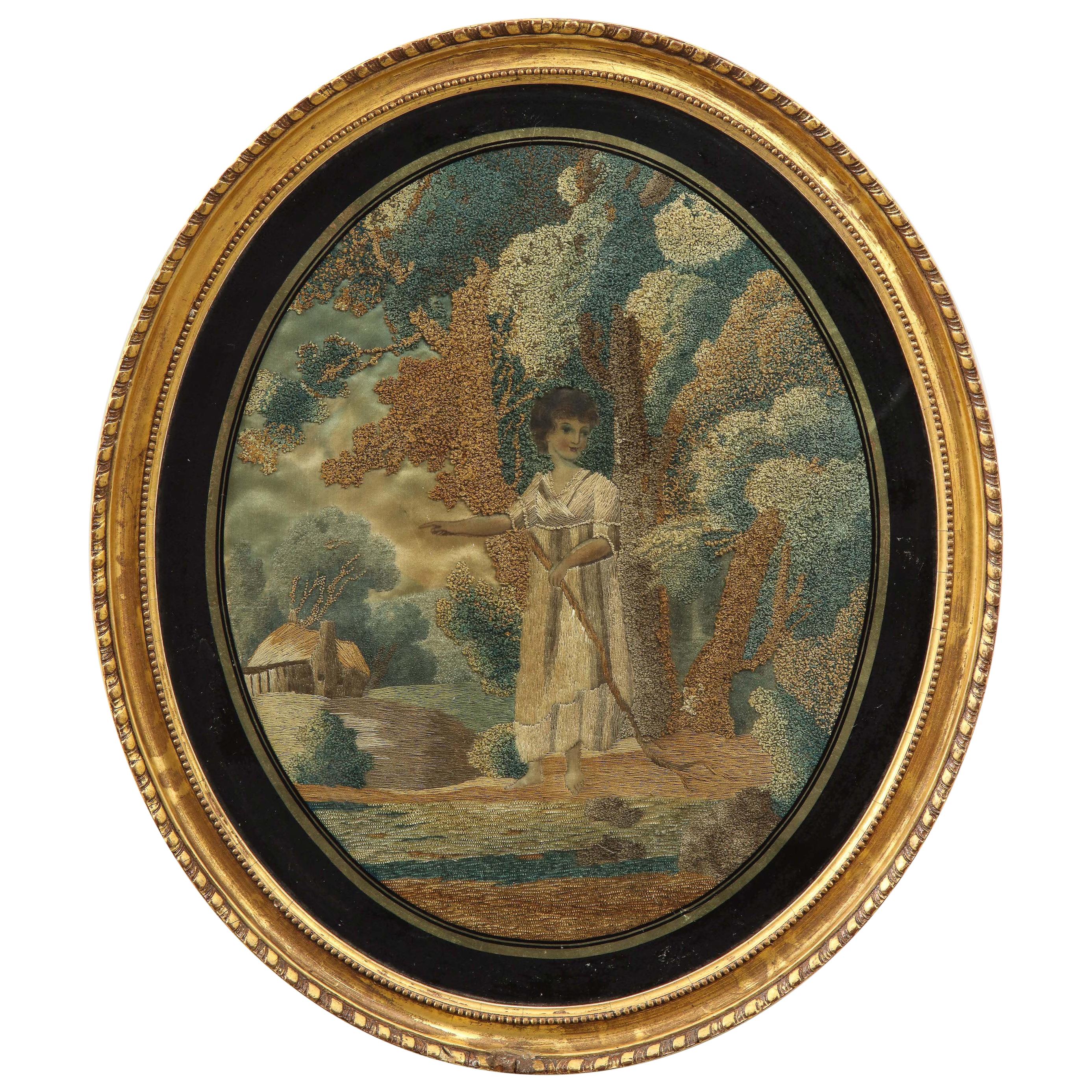 Regency Oval Silk Embroidery of a Shepherdess