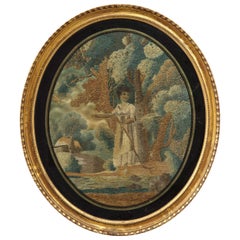 Antique Regency Oval Silk Embroidery of a Shepherdess