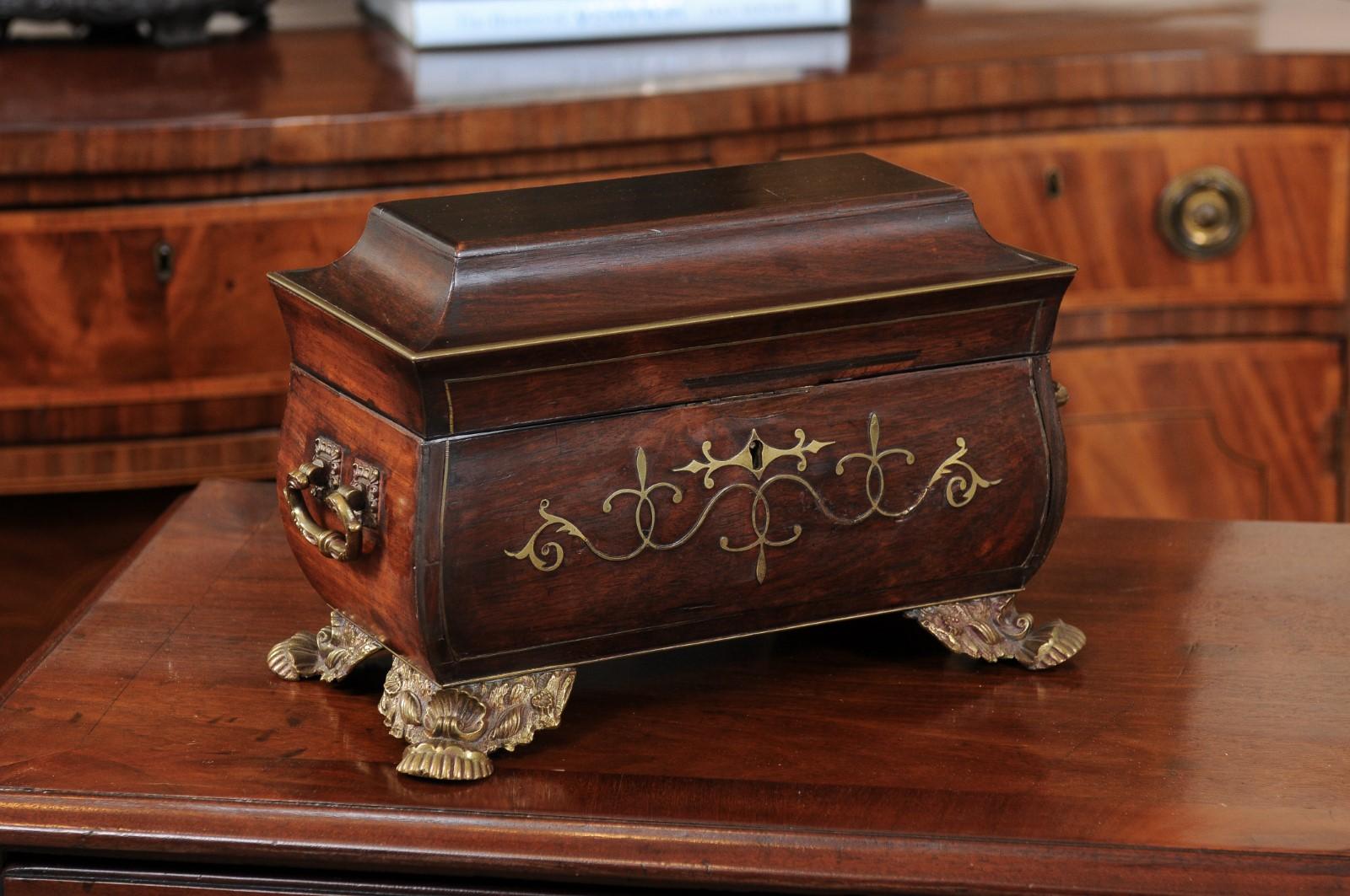 English Regency Pagoda Form Work Box with Brass Feet & Inlay, Early 19th Century England For Sale