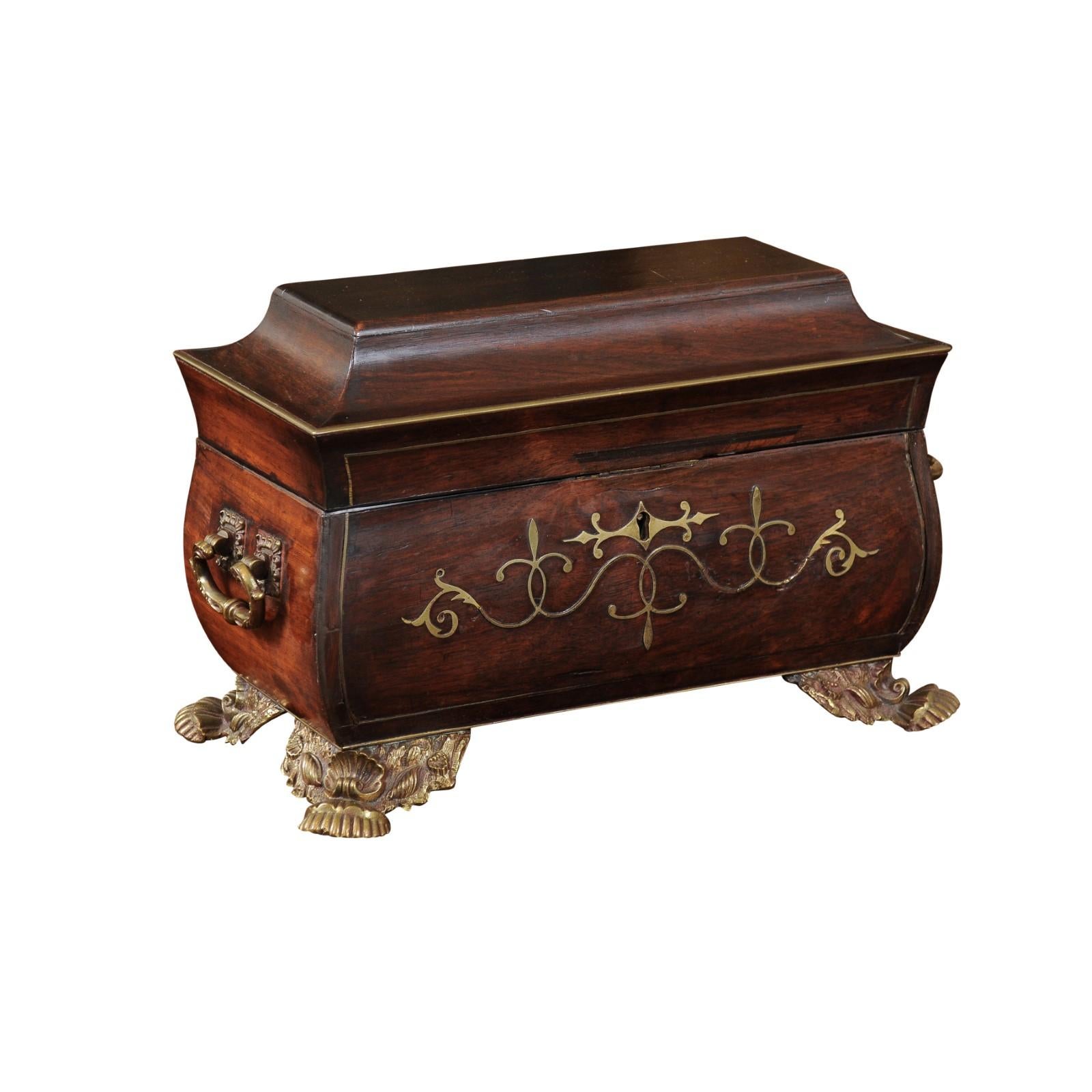 Regency Pagoda Form Work Box with Brass Feet & Inlay, Early 19th Century England