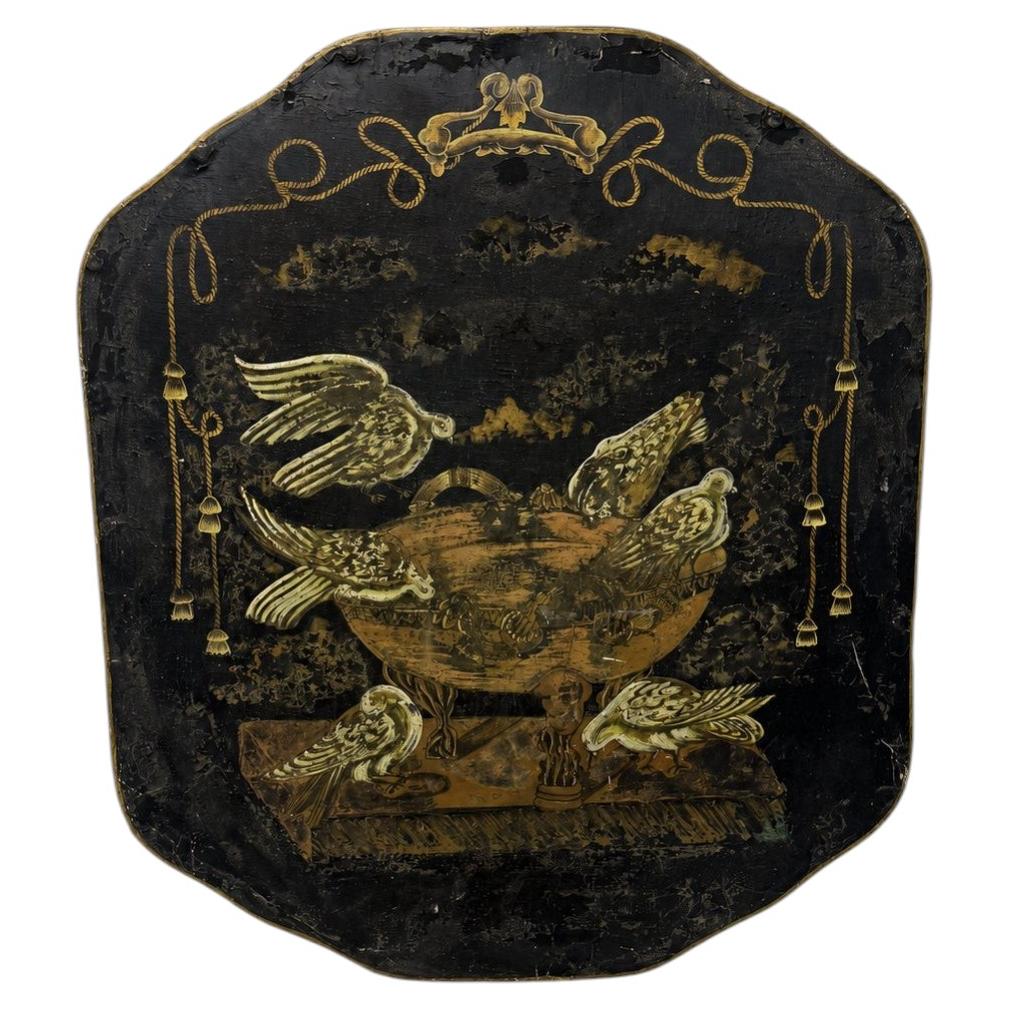 Regency Painted and Gilt Tôle Fire Screen w/ Doves and Classical Brazier, 19th C For Sale