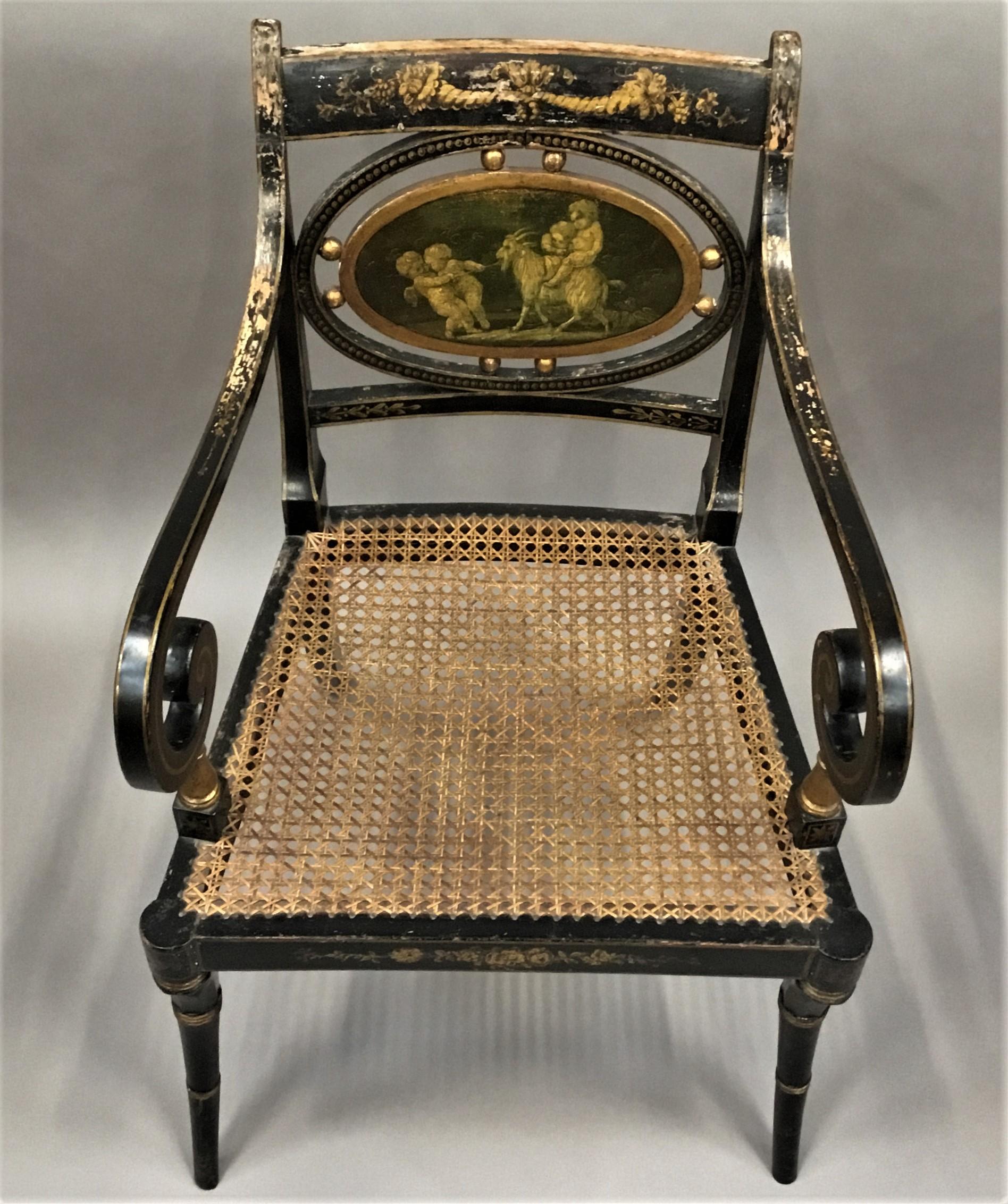 English Regency Painted and Parcel Gilt Elbow Chair For Sale