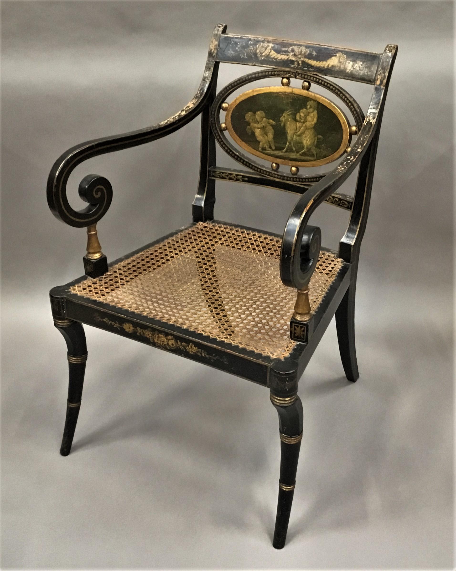 Regency Painted and Parcel Gilt Elbow Chair In Good Condition For Sale In Moreton-in-Marsh, Gloucestershire