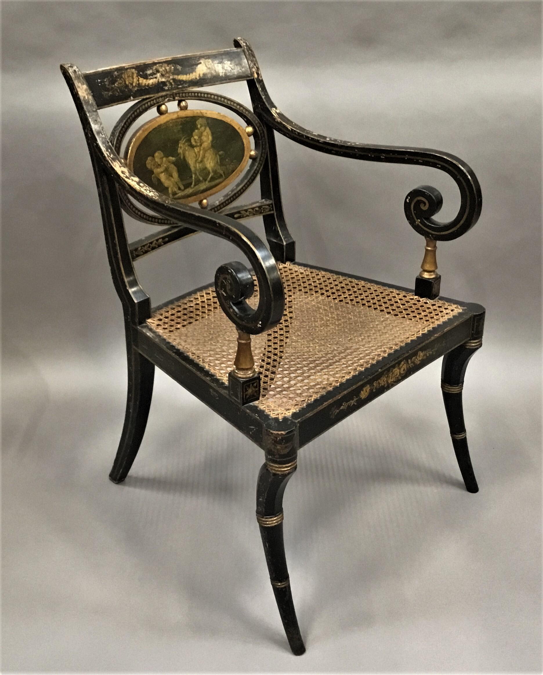 19th Century Regency Painted and Parcel Gilt Elbow Chair For Sale