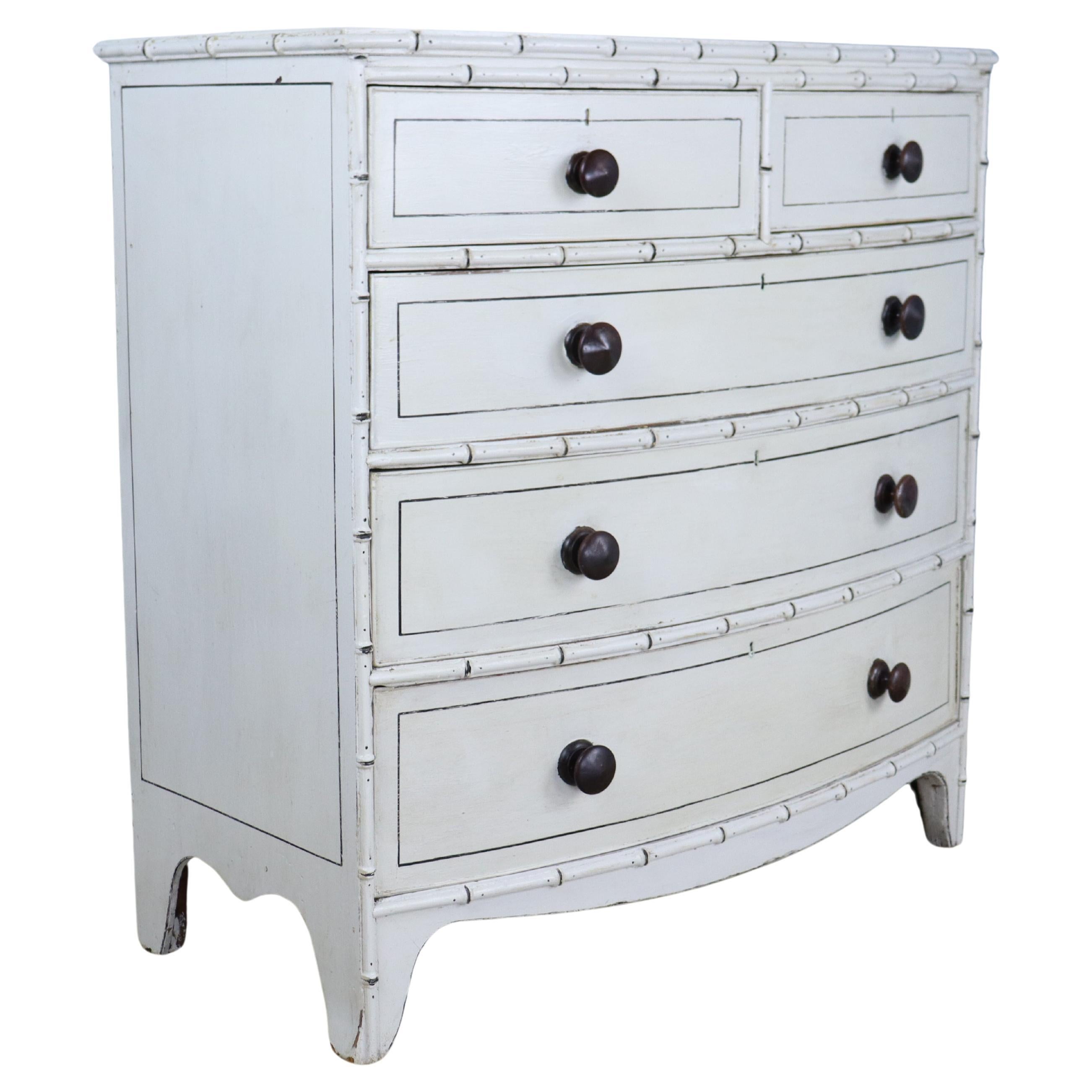 Regency Painted Faux Bamboo Bowfront Chest of Drawers For Sale