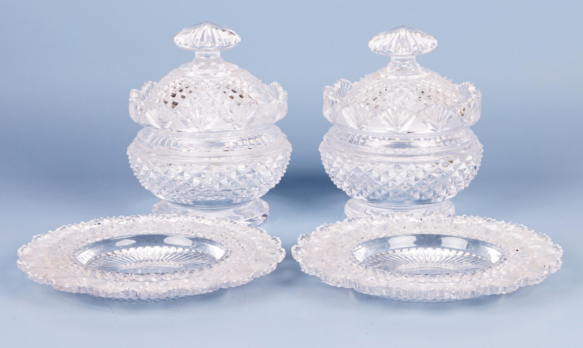 Regency Pair Cut Glass Covered Butter Dishes with Stands For Sale 3