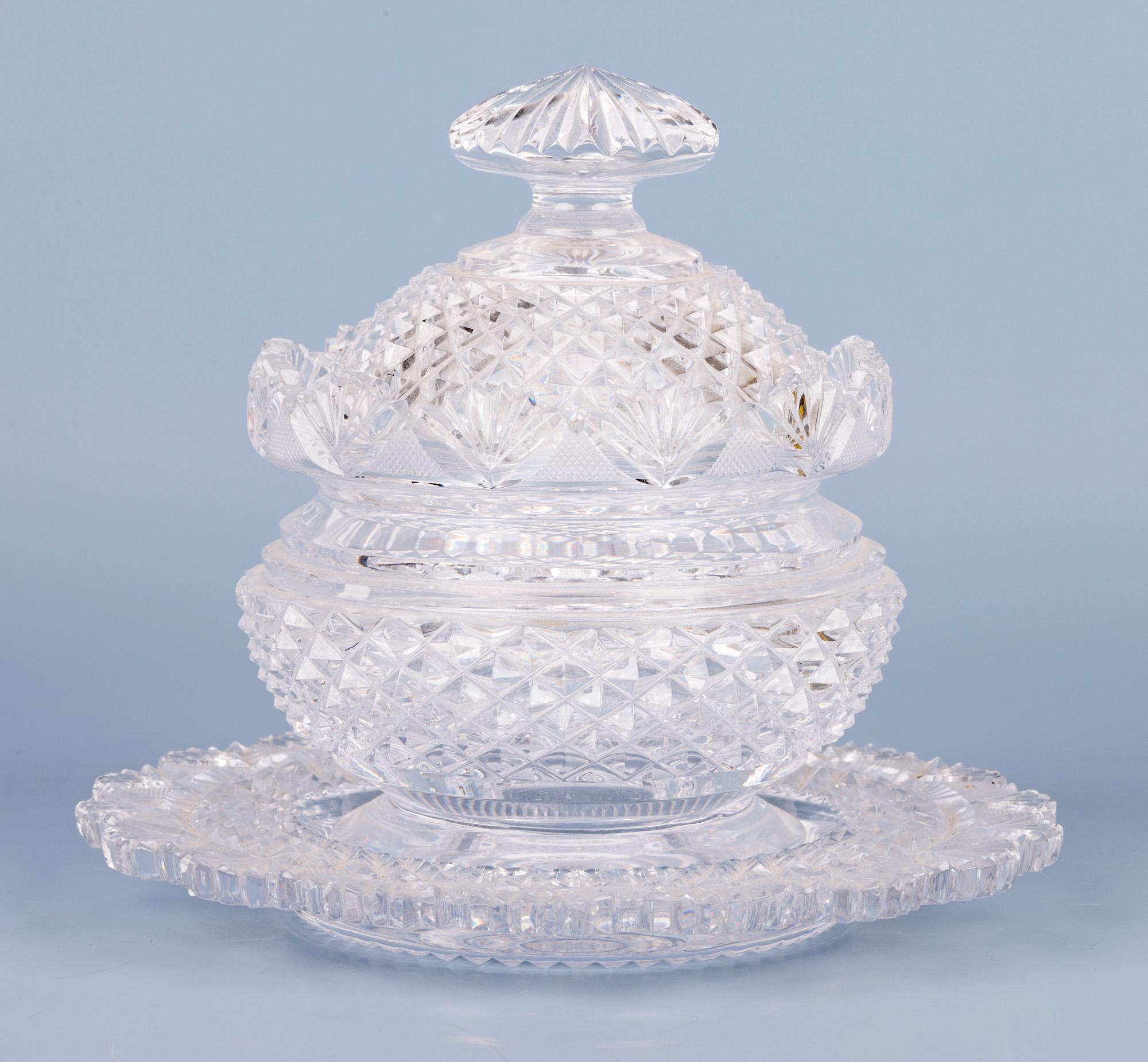 English Regency Pair Cut Glass Covered Butter Dishes with Stands For Sale