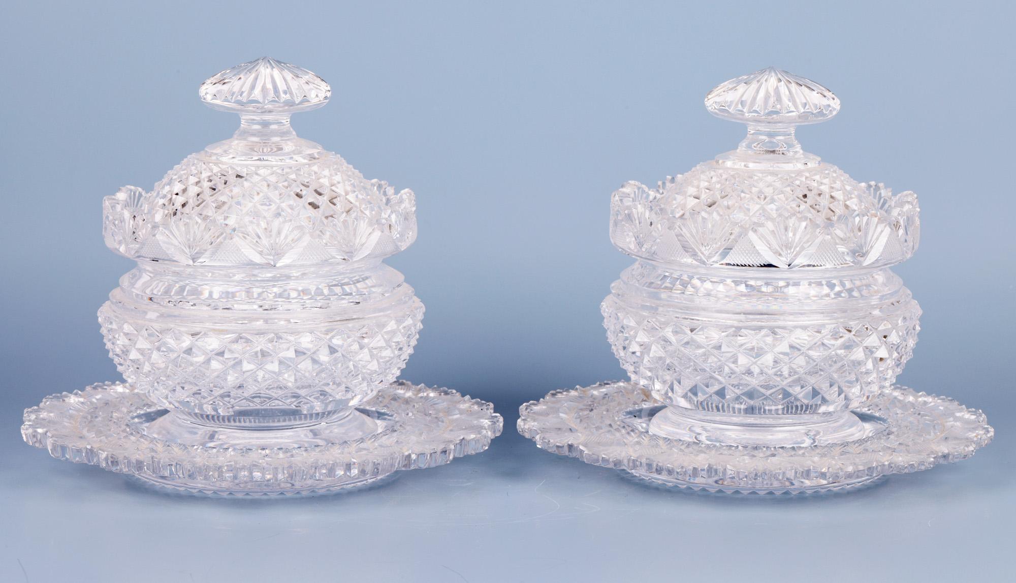 Hand-Crafted Regency Pair Cut Glass Covered Butter Dishes with Stands For Sale