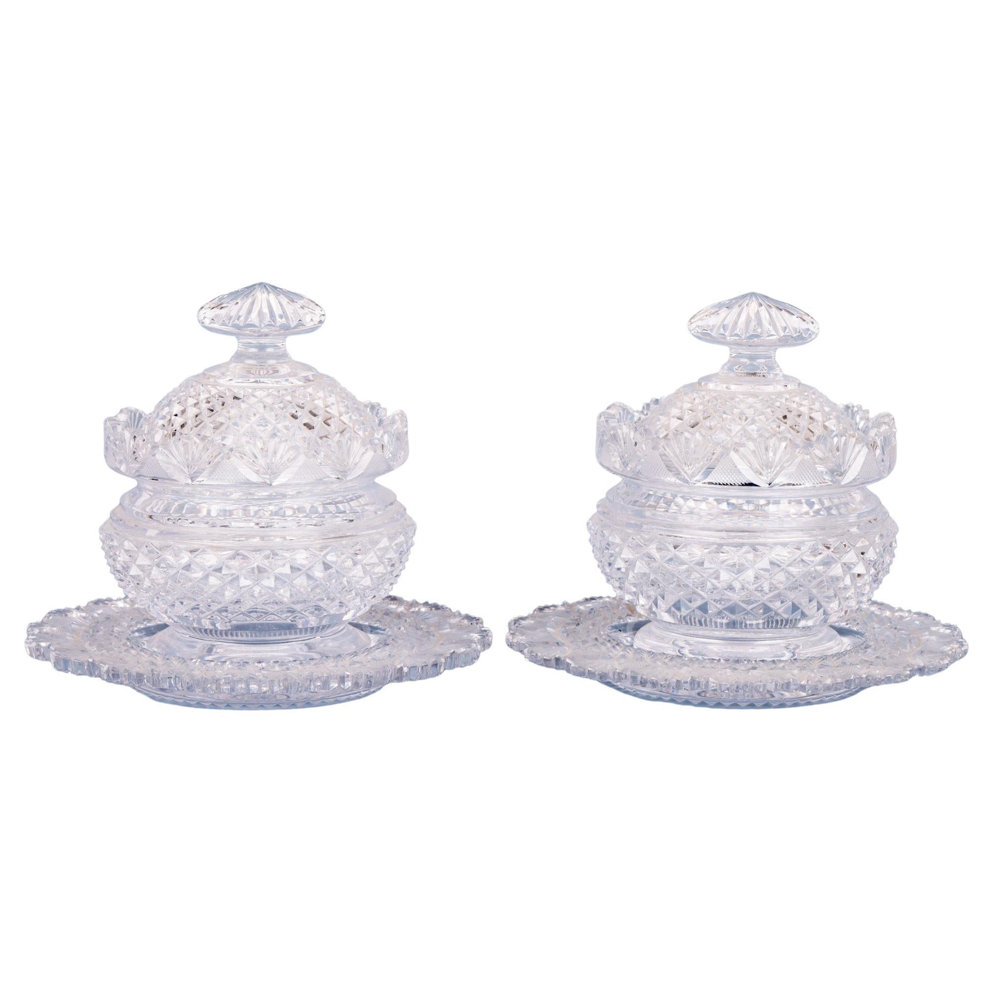 Regency Pair Cut Glass Covered Butter Dishes with Stands For Sale