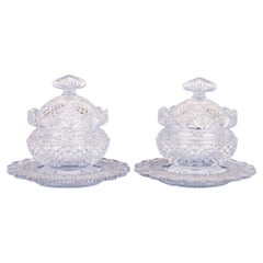 Antique Regency Pair Cut Glass Covered Butter Dishes with Stands