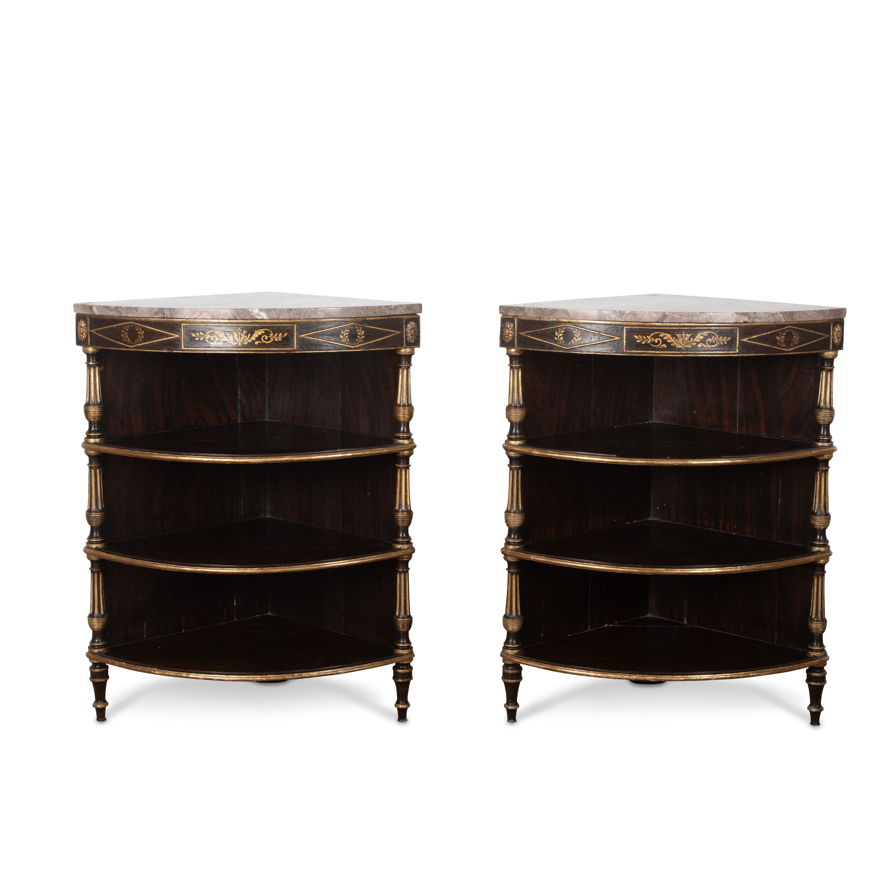 Painted Regency Pair of Decorated & Marble Top Corner Cabinets For Sale