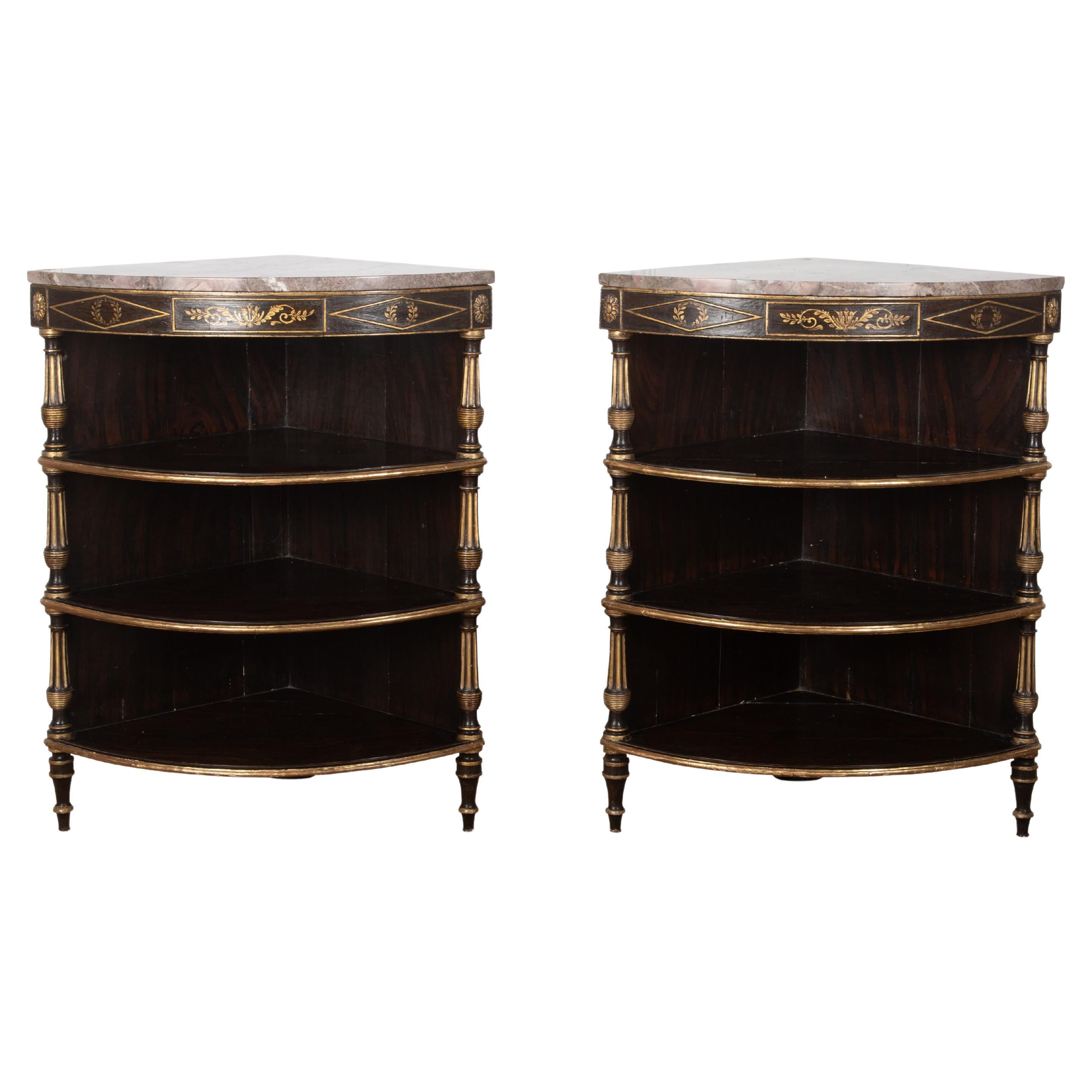 Regency Pair of Decorated & Marble Top Corner Cabinets For Sale