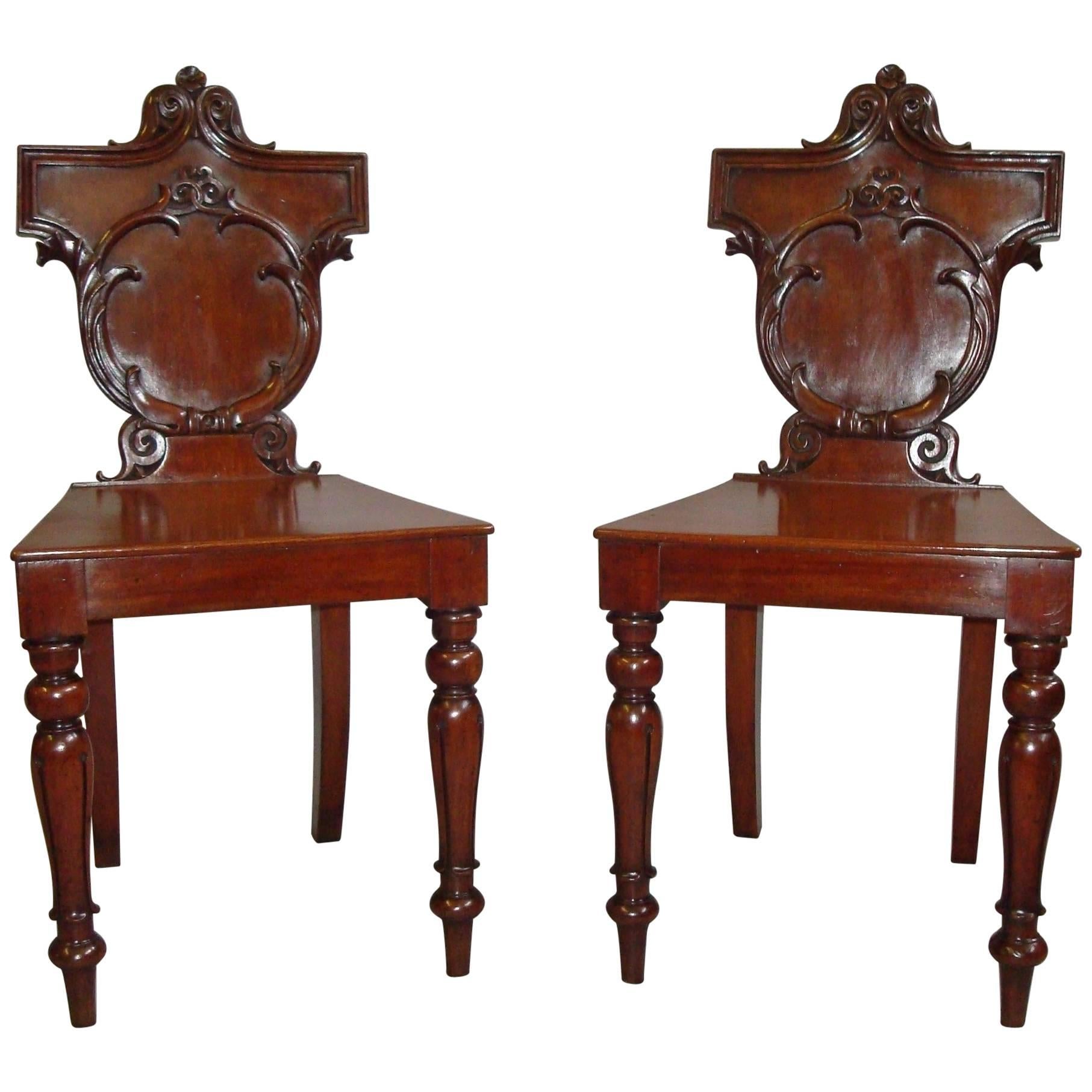 Regency Pair of Irish Mahogany Hall Chairs