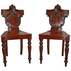 Antique Regency Pair of Irish Mahogany Hall Chairs