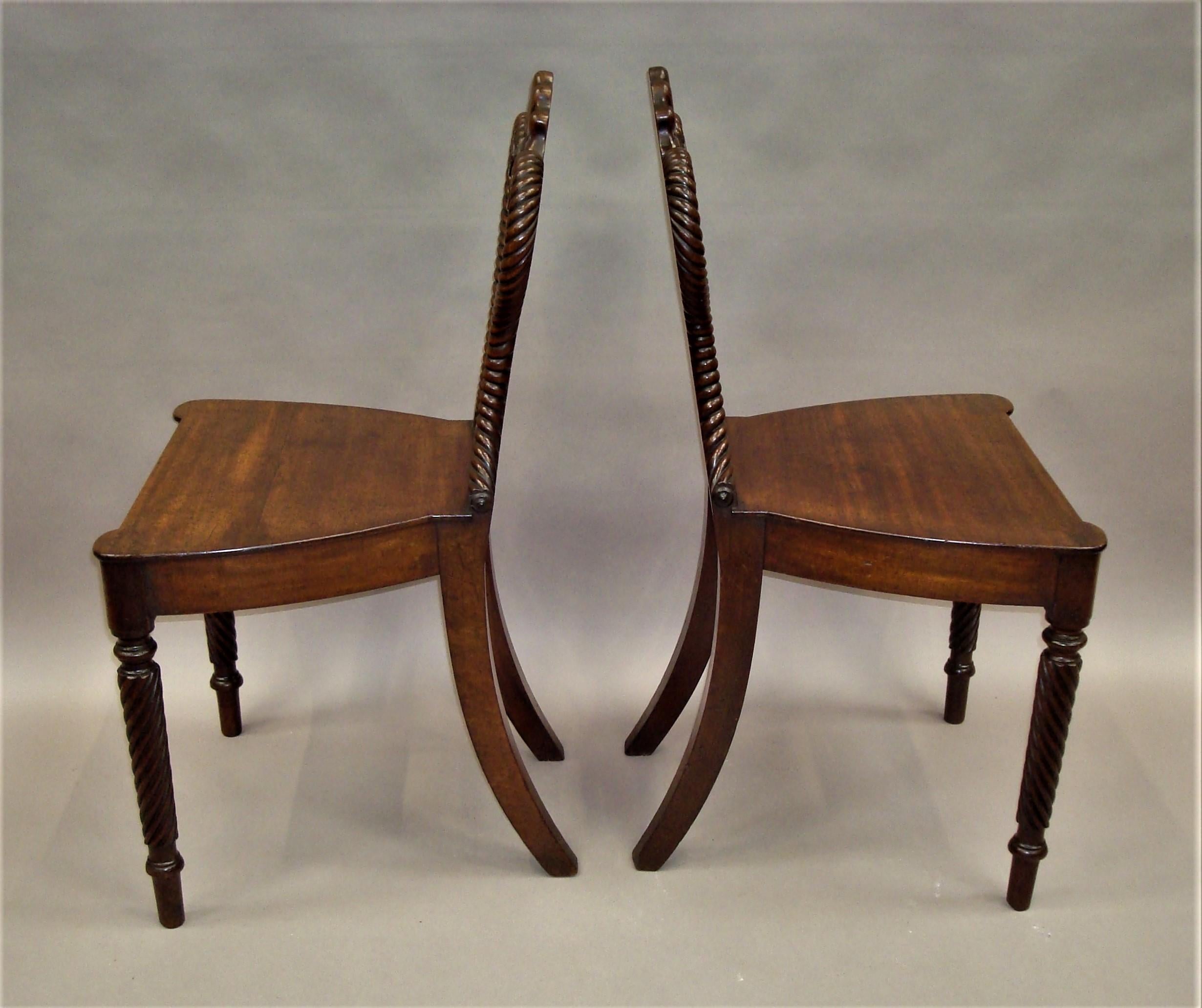 19th Century Regency Pair of Mahogany Hall Chairs For Sale