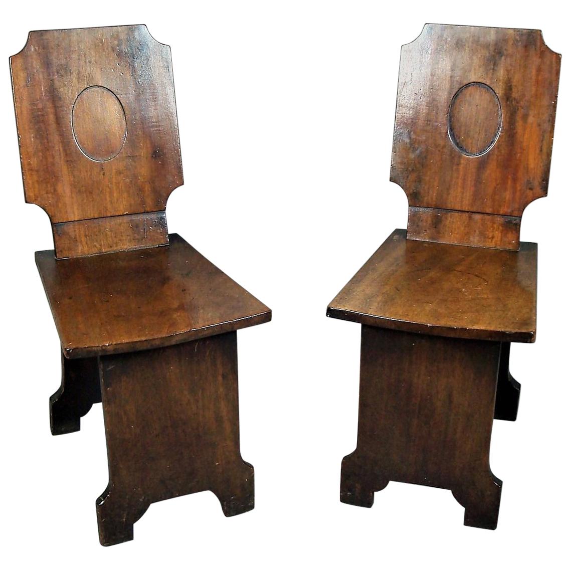 Regency Pair of Mahogany Hall Chairs Very Unusual Restrained Design For Sale