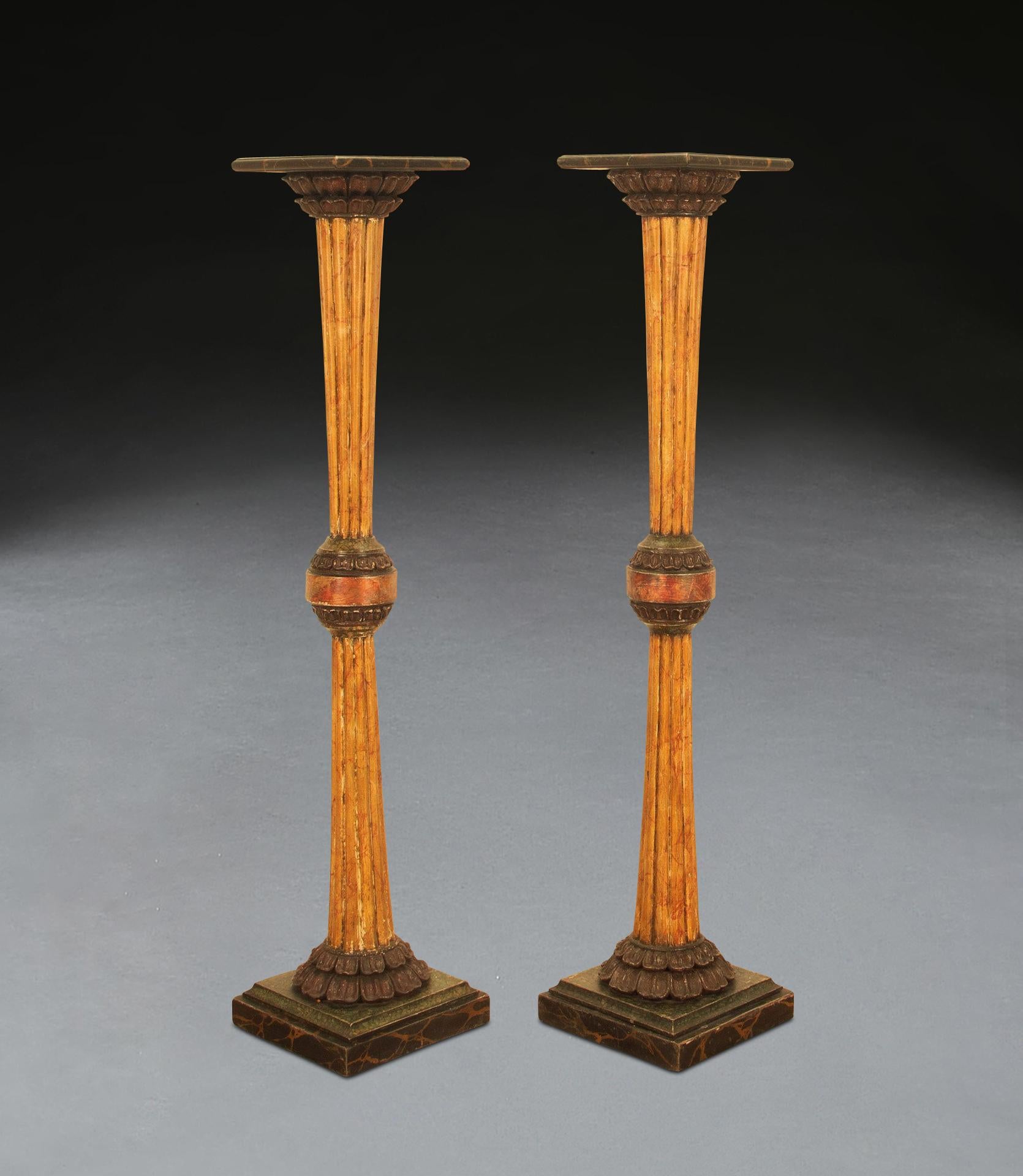 Neoclassical Regency Pair of Simulated Marble Torcheres For Sale