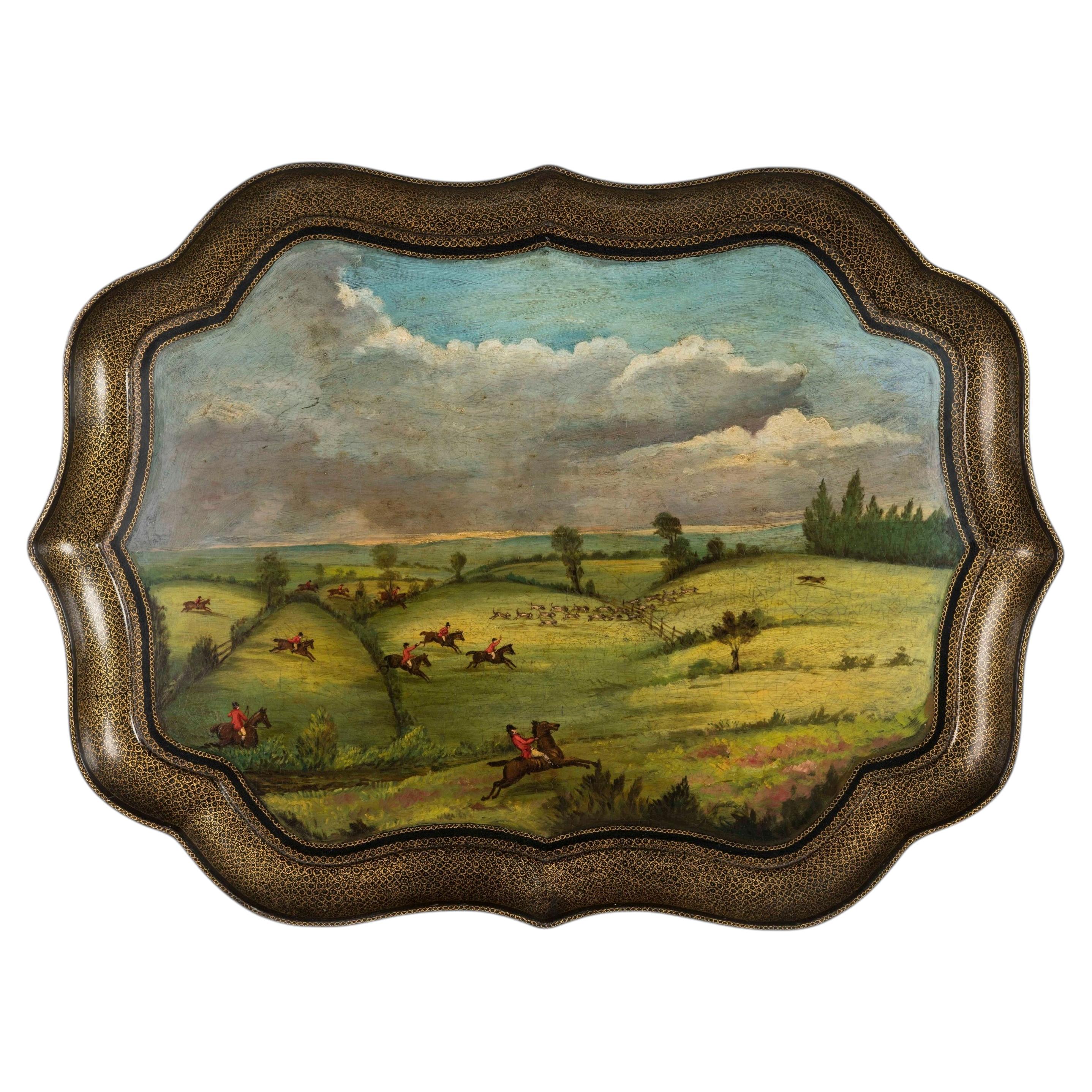 Regency Papier-Mâché Tray with Hunting Scene by Henry Clay of Covent Garden For Sale