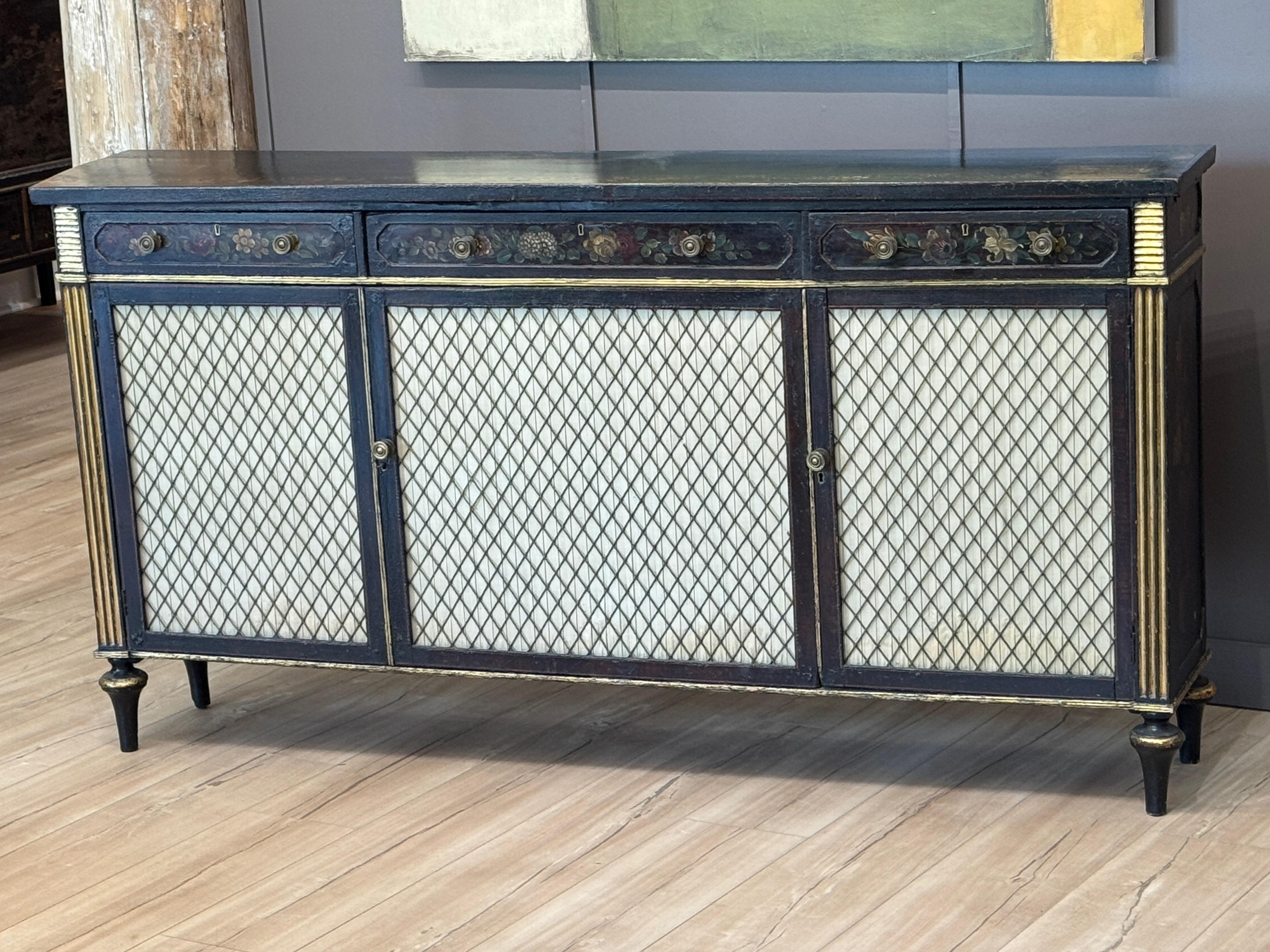 British Regency Parcel-Gilt and Ebonized Painted Cabinet For Sale