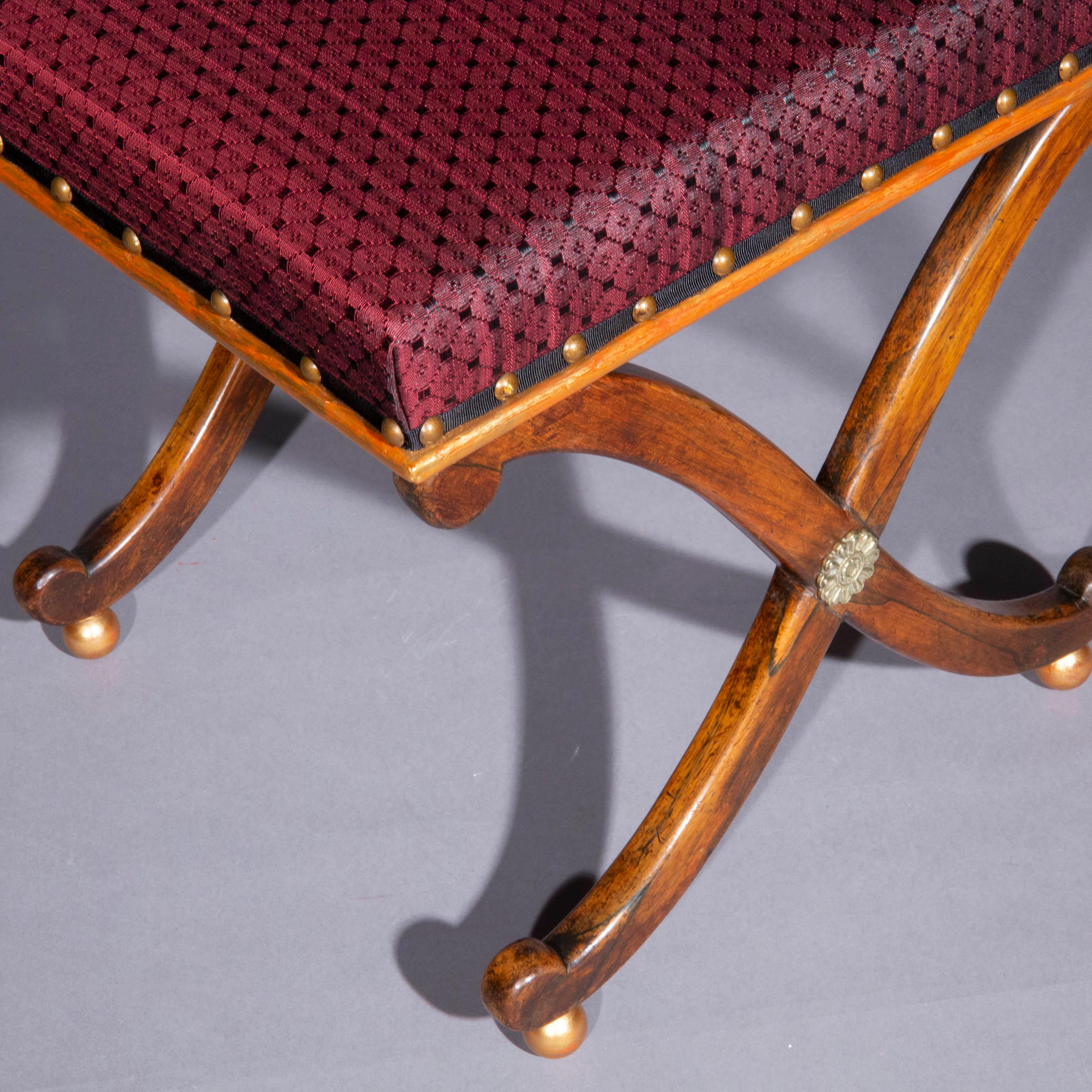 Hand-Crafted Regency Parcel-Gilt X-Frame Stool with Brass Mounts, after Design by Thomas Hope