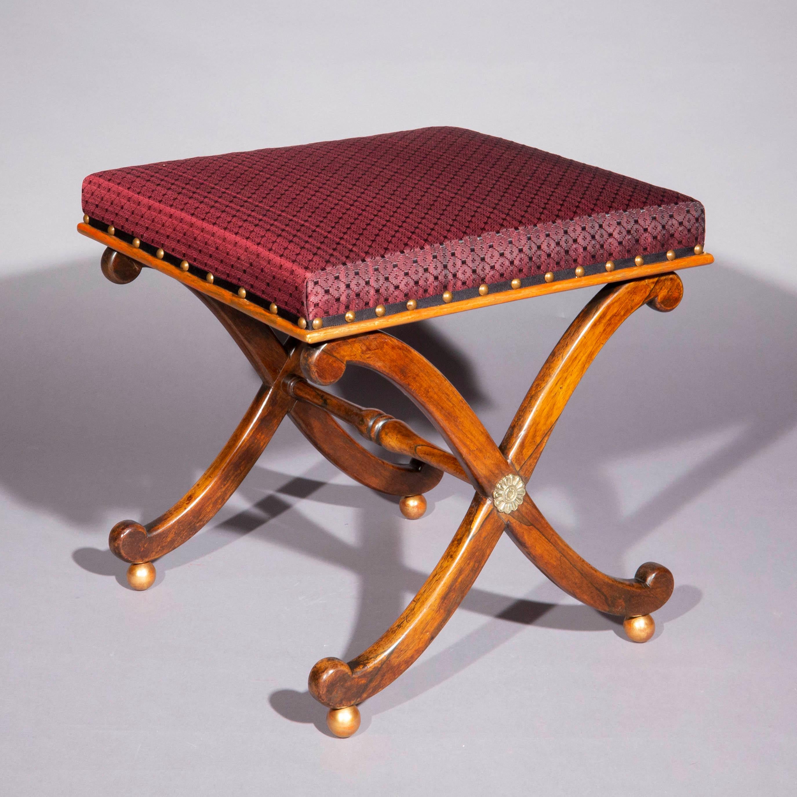 Regency Parcel-Gilt X-Frame Stool with Brass Mounts, after Design by Thomas Hope 3