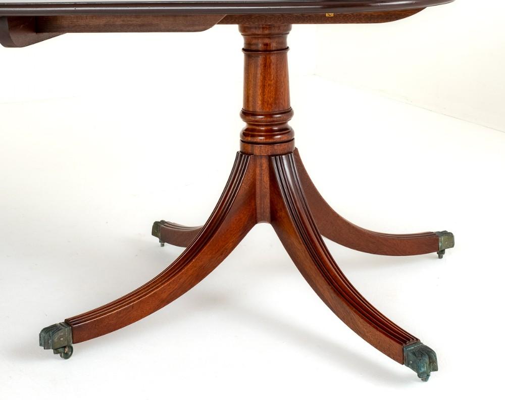 Mahogany Regency Style Pedestal Dining Table
This Wonderful Dining Table Stands Upon 3 Pedestal bases.
Circa 1920
Each Base Featuring Swept Reeded Legs with Brass Claw Castors and a Turned Column.
The Top of the Table Having 2 Lift out Leaves Which