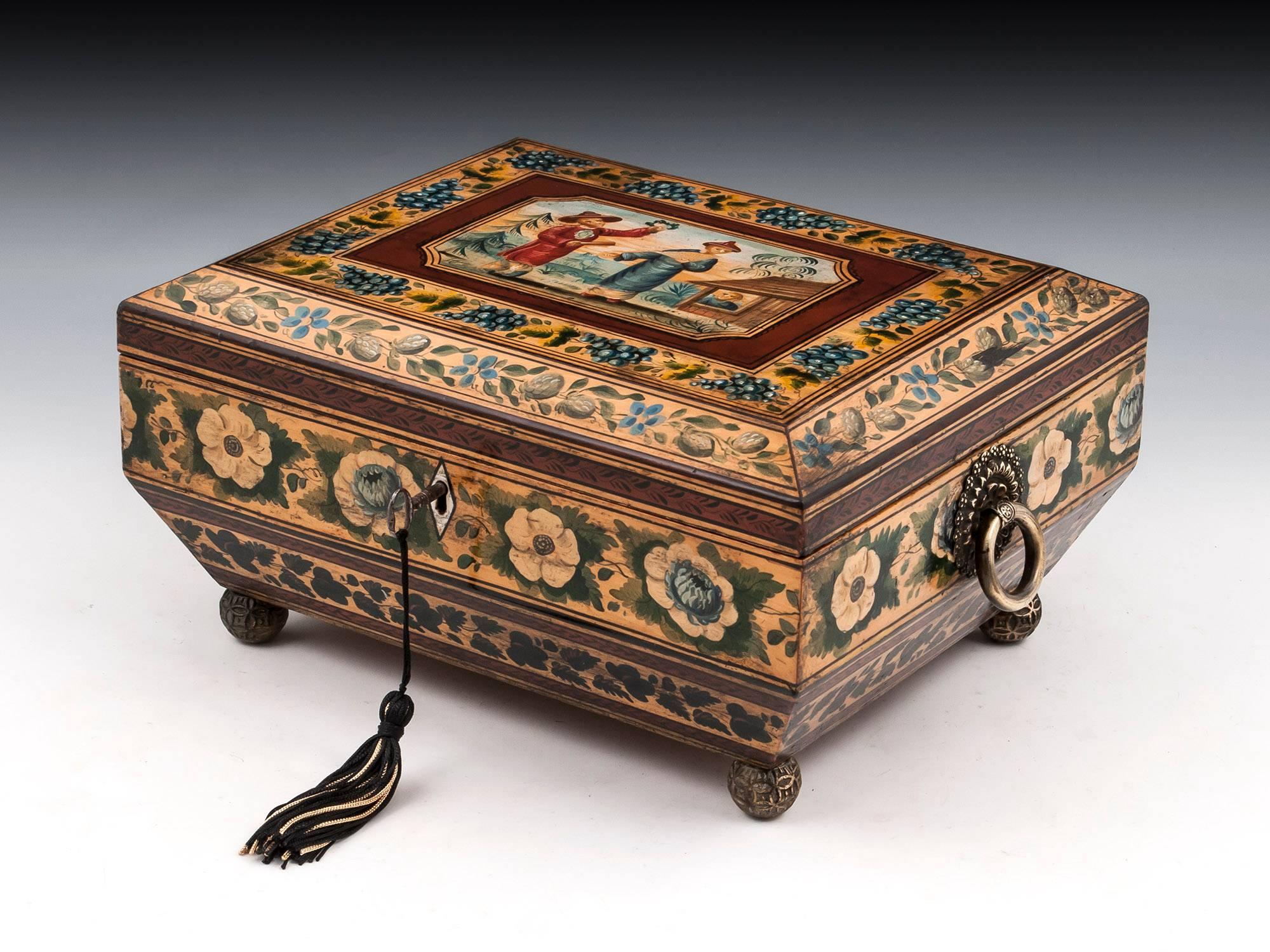 Regency Penwork Sycamore Chinoiserie Sewing Box, 19th Century For Sale 7
