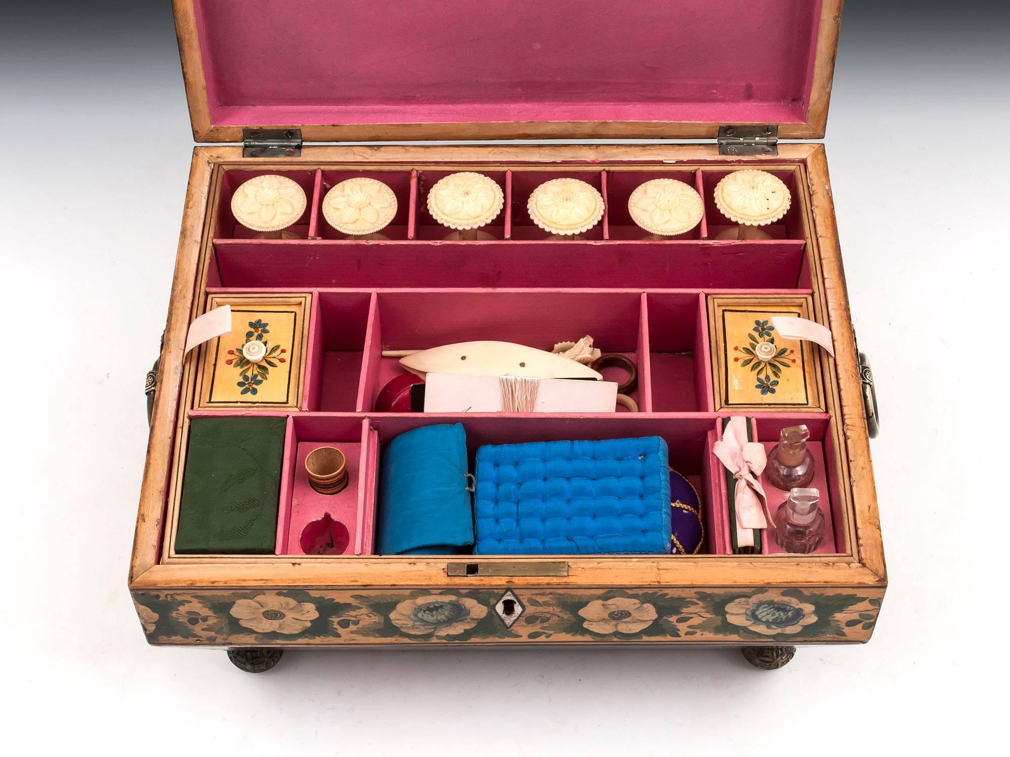 Regency Penwork Sycamore Chinoiserie Sewing Box, 19th Century For Sale 8