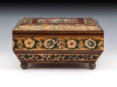 Regency Penwork Sycamore Chinoiserie Sewing Box, 19th Century