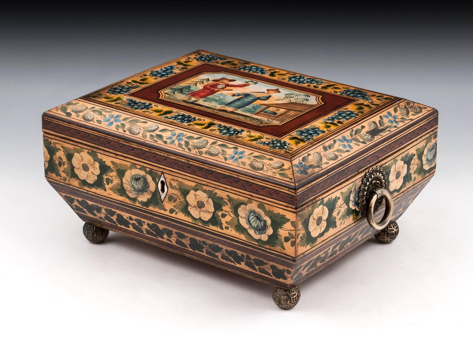 British Regency Penwork Sycamore Chinoiserie Sewing Box, 19th Century For Sale