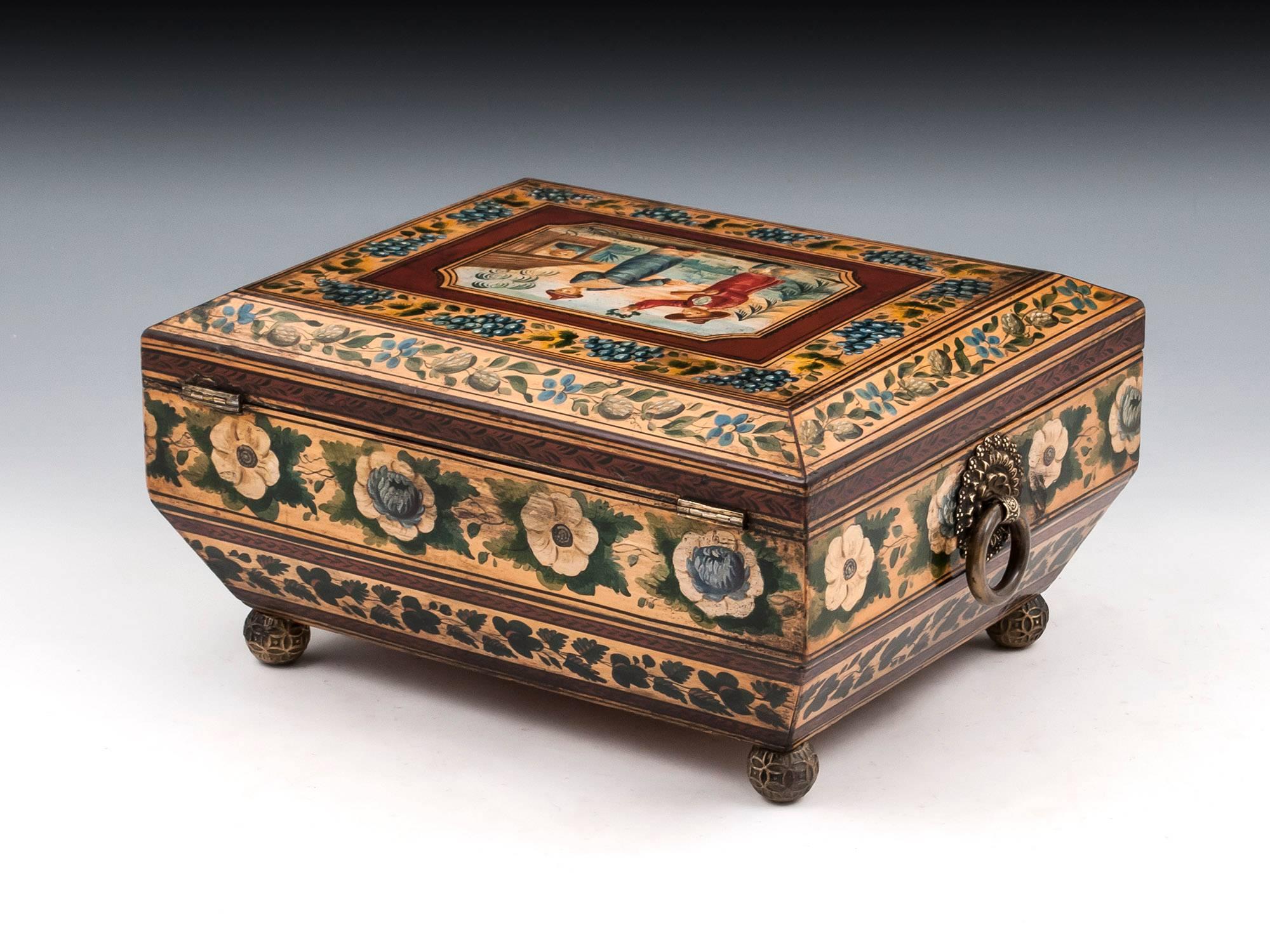 Regency Penwork Sycamore Chinoiserie Sewing Box, 19th Century In Good Condition For Sale In Northampton, United Kingdom