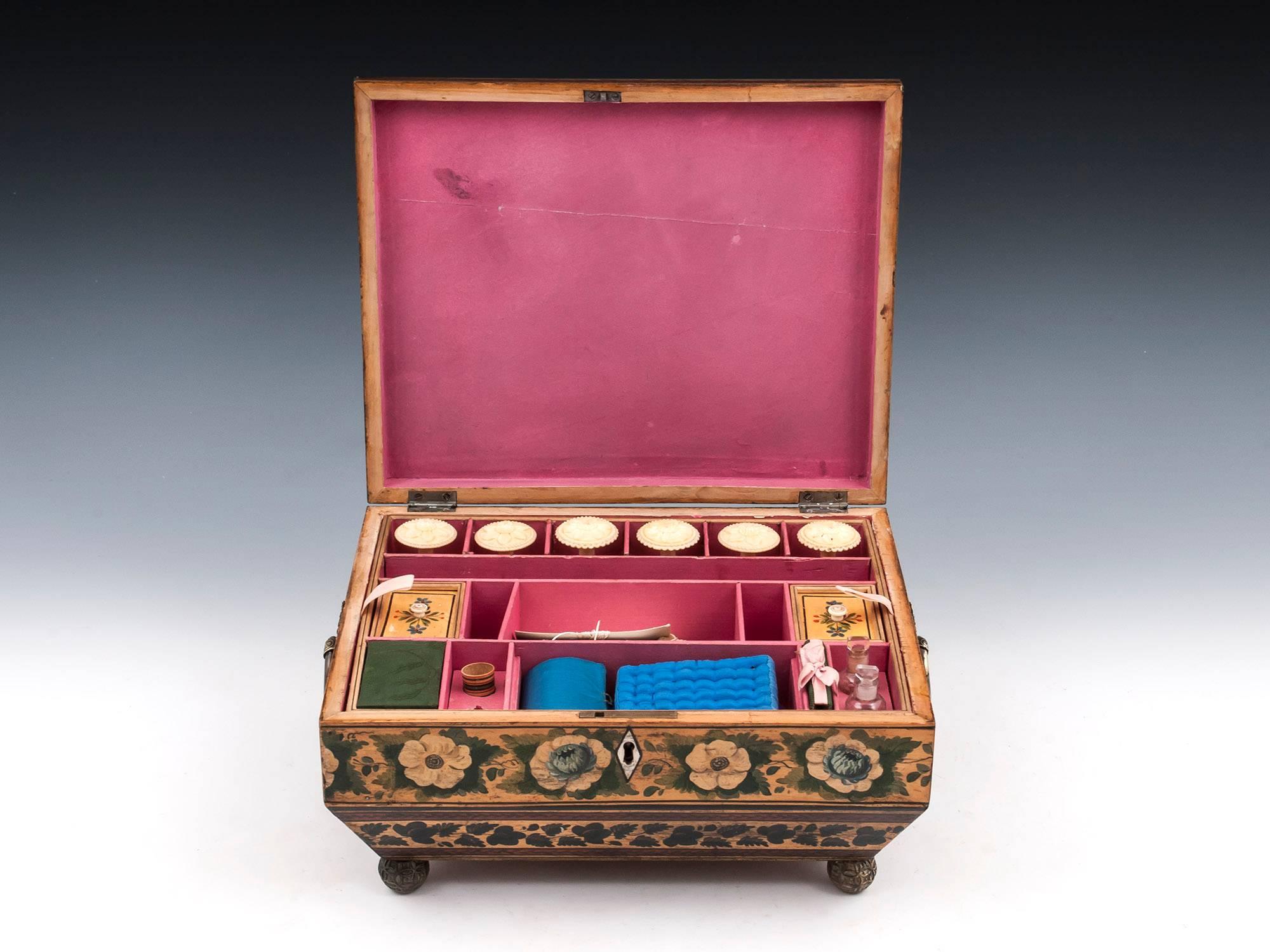 Regency Penwork Sycamore Chinoiserie Sewing Box, 19th Century For Sale 2
