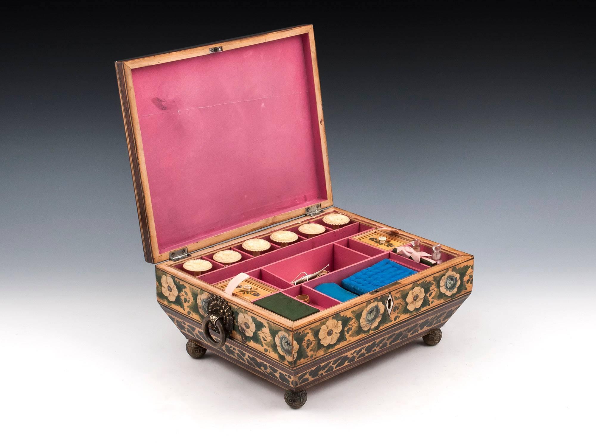 Regency Penwork Sycamore Chinoiserie Sewing Box, 19th Century For Sale 3