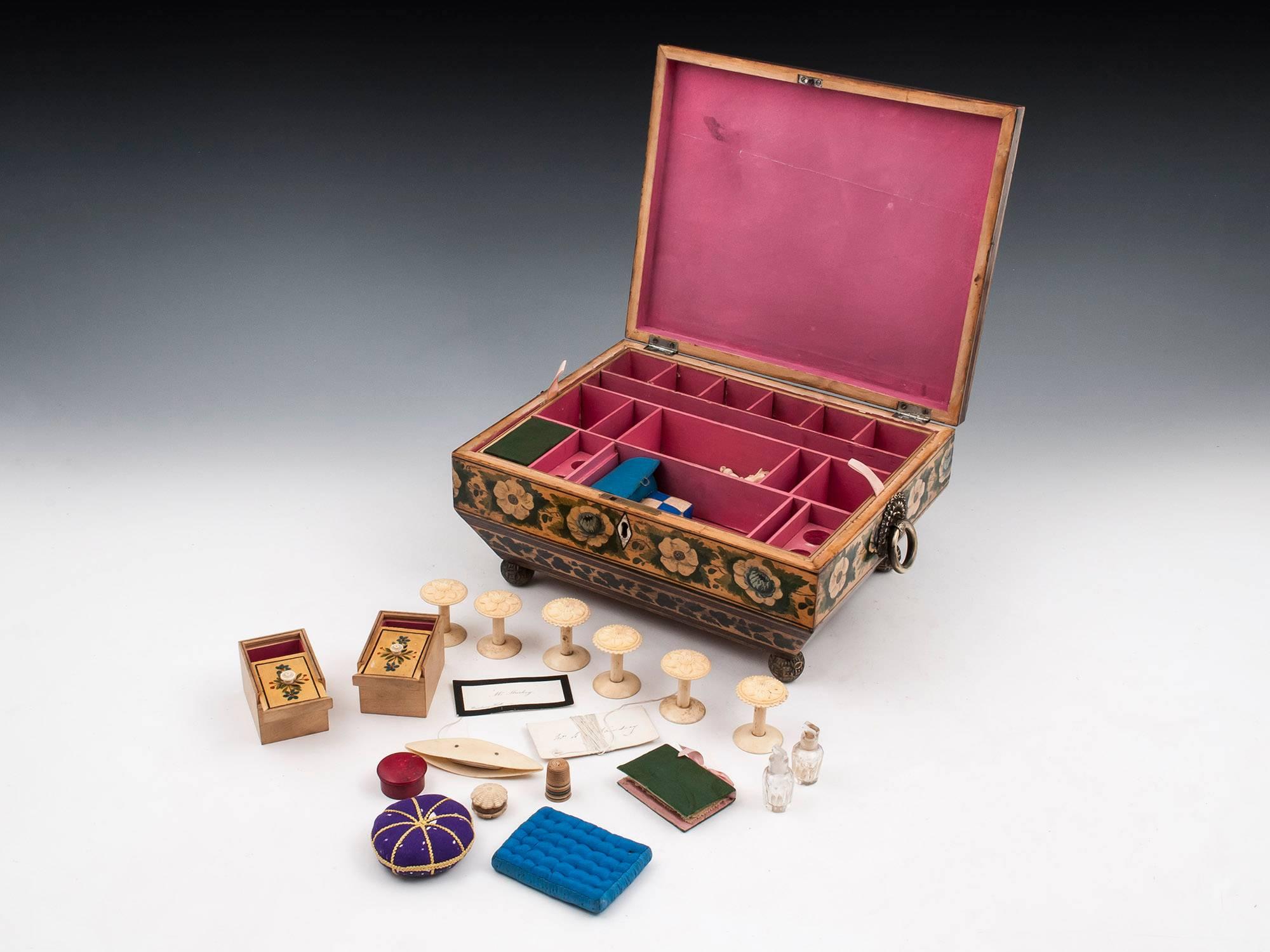 Regency Penwork Sycamore Chinoiserie Sewing Box, 19th Century For Sale 5