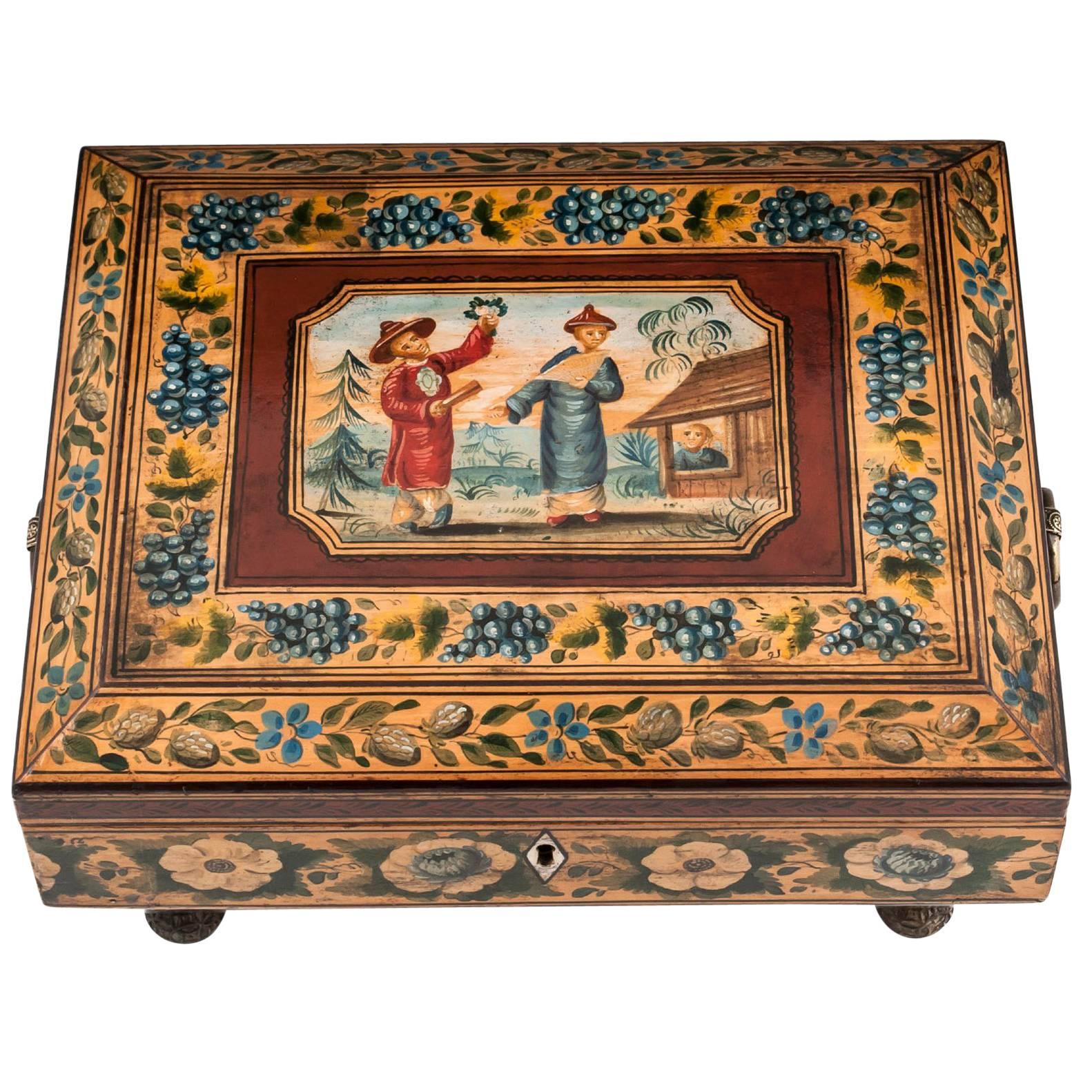 Regency Penwork Sycamore Chinoiserie Sewing Box, 19th Century For Sale