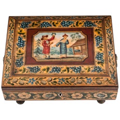 Regency Penwork Sycamore Chinoiserie Sewing Box, 19th Century