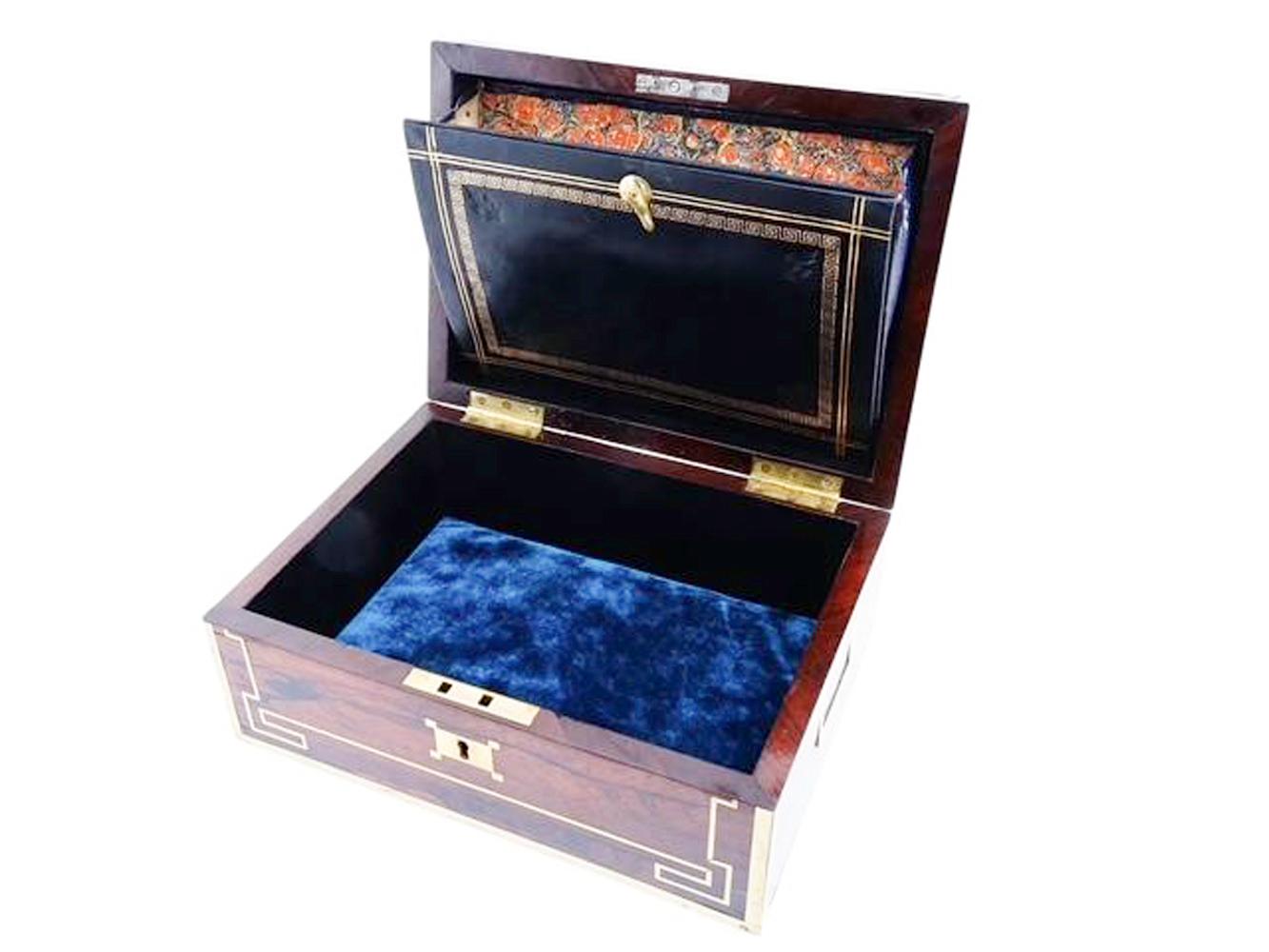 English Regency Period Brass Inlaid and Bound Document Box with Lift Handles and Key For Sale