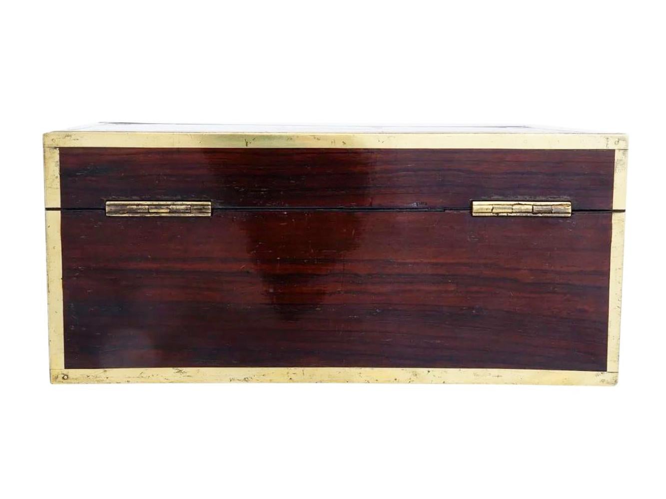 19th Century Regency Period Brass Inlaid and Bound Document Box with Lift Handles and Key For Sale