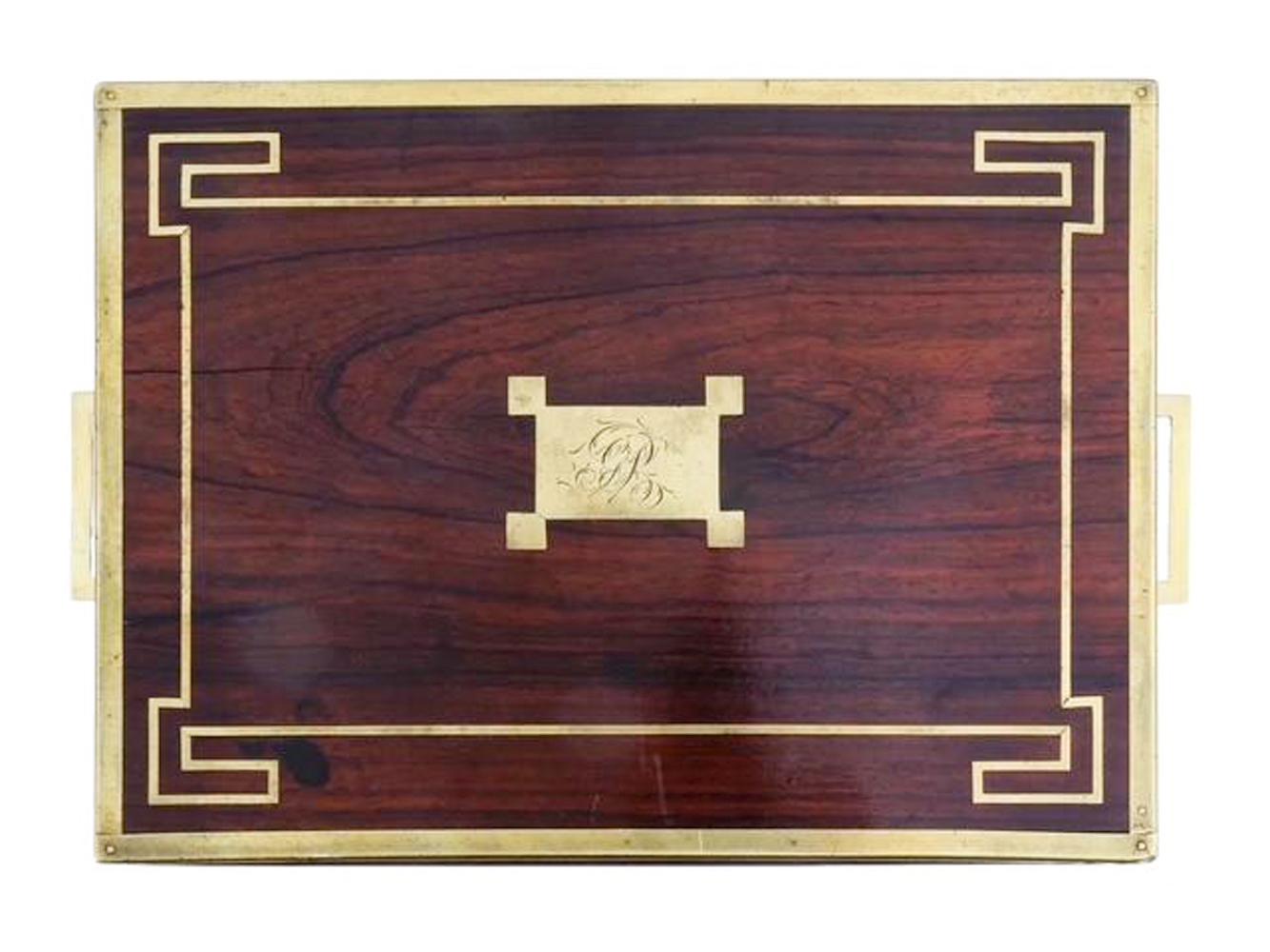 Regency Period Brass Inlaid and Bound Document Box with Lift Handles and Key For Sale 2
