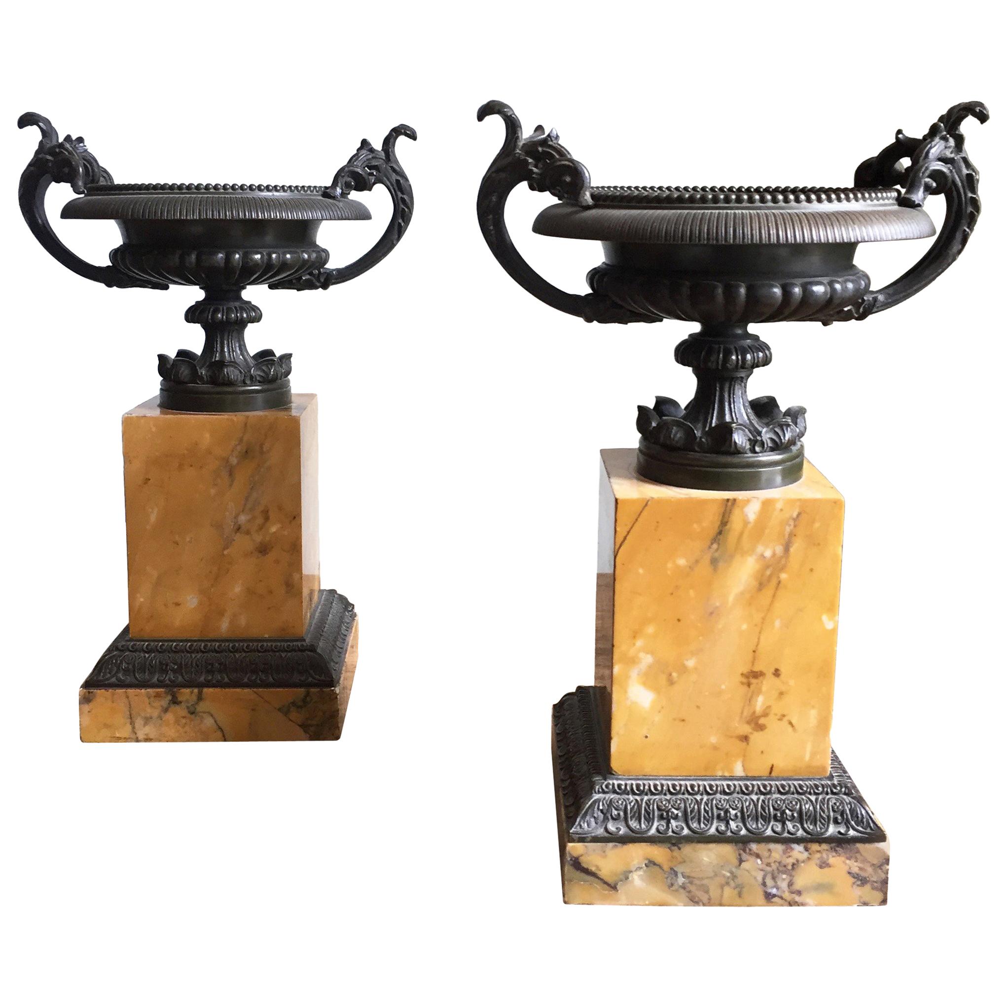 Regency Period Bronze Tazza Urns on Sienna Marble Bases For Sale